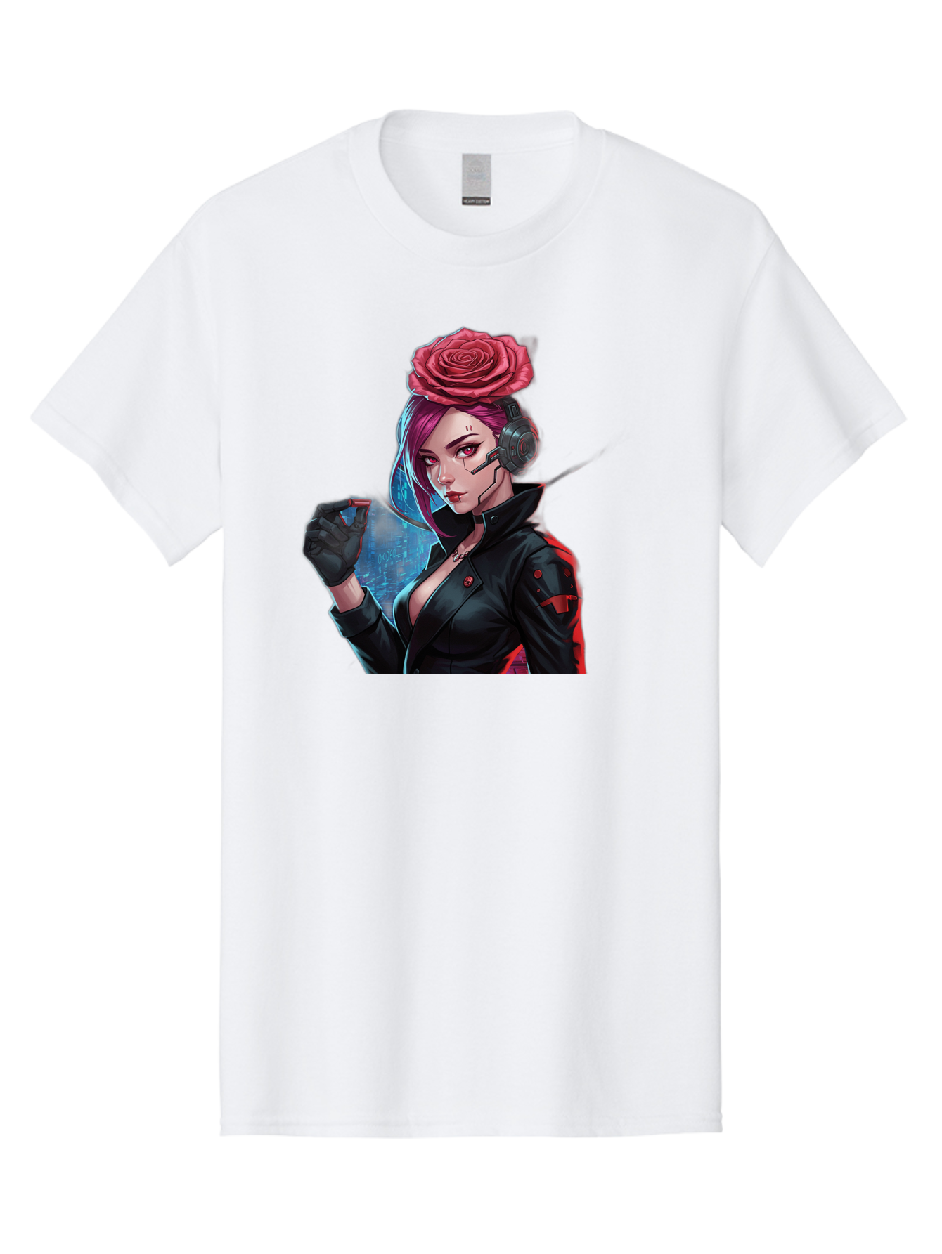 Rose-Girl Men'S Graphic Tee, 100% Cotton, Comfortable Casual Summer Wear, Machine Washable, Pink Hair, Red Rose, Black Leather Jacket, Cyberpunk Style, Futuristic Fashion, Gaming Character, League Of Legends, Esports, K/Da Akali Bac378 3