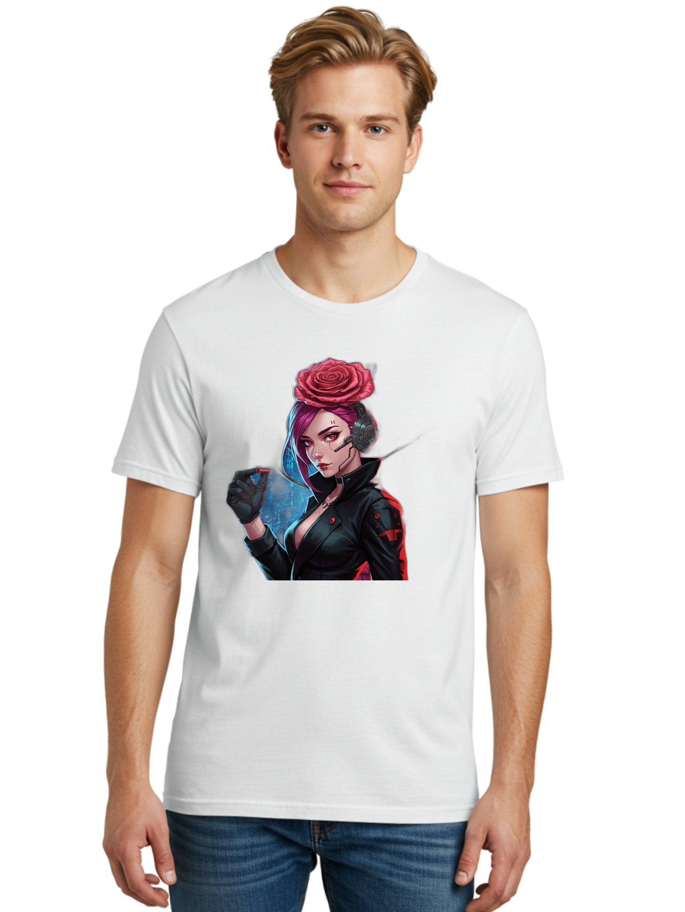 Rose-Girl Men'S Graphic Tee, 100% Cotton, Comfortable Casual Summer Wear, Machine Washable, Pink Hair, Red Rose, Black Leather Jacket, Cyberpunk Style, Futuristic Fashion, Gaming Character, League Of Legends, Esports, K/Da Akali Bac378 18