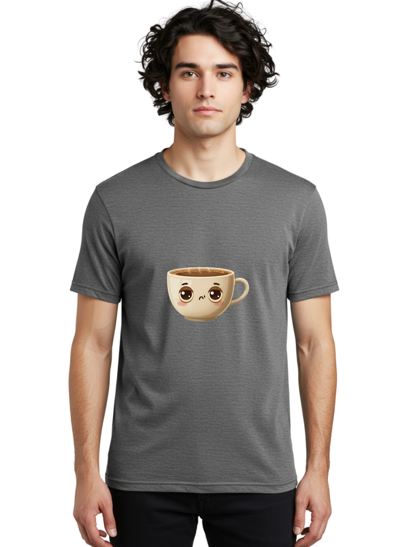 Sad-Coffee-Cup Men'S Graphic Tee, 100% Cotton, Comfortable Casual Summer Wear, Machine Washable, Cartoon Coffee Cup, Sad Face, Coffee Drink, Kawaii Character, Adorable Illustration, Coffee Break, Beverage Mug, Emotional Expression Bac381 30