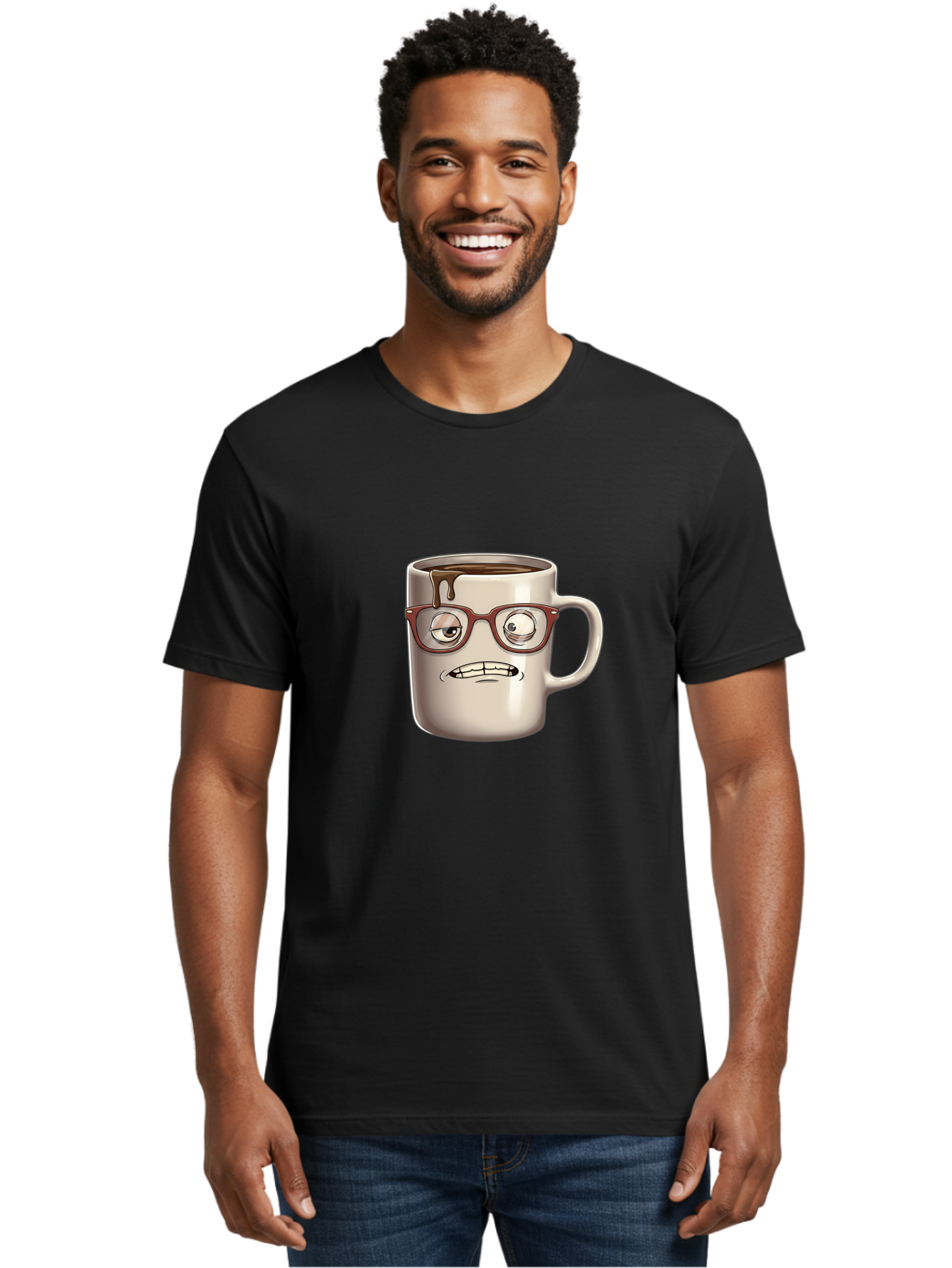 Sad-Coffee-Mug-1 Men'S Graphic Tee, 100% Cotton, Comfortable Casual Summer Wear, Machine Washable, Coffee Mug With Face, Cartoon Character, Anthropomorphic Design, Quirky Personality, Humorous Expression, Glasses, Coffee Stains, Bac382 25