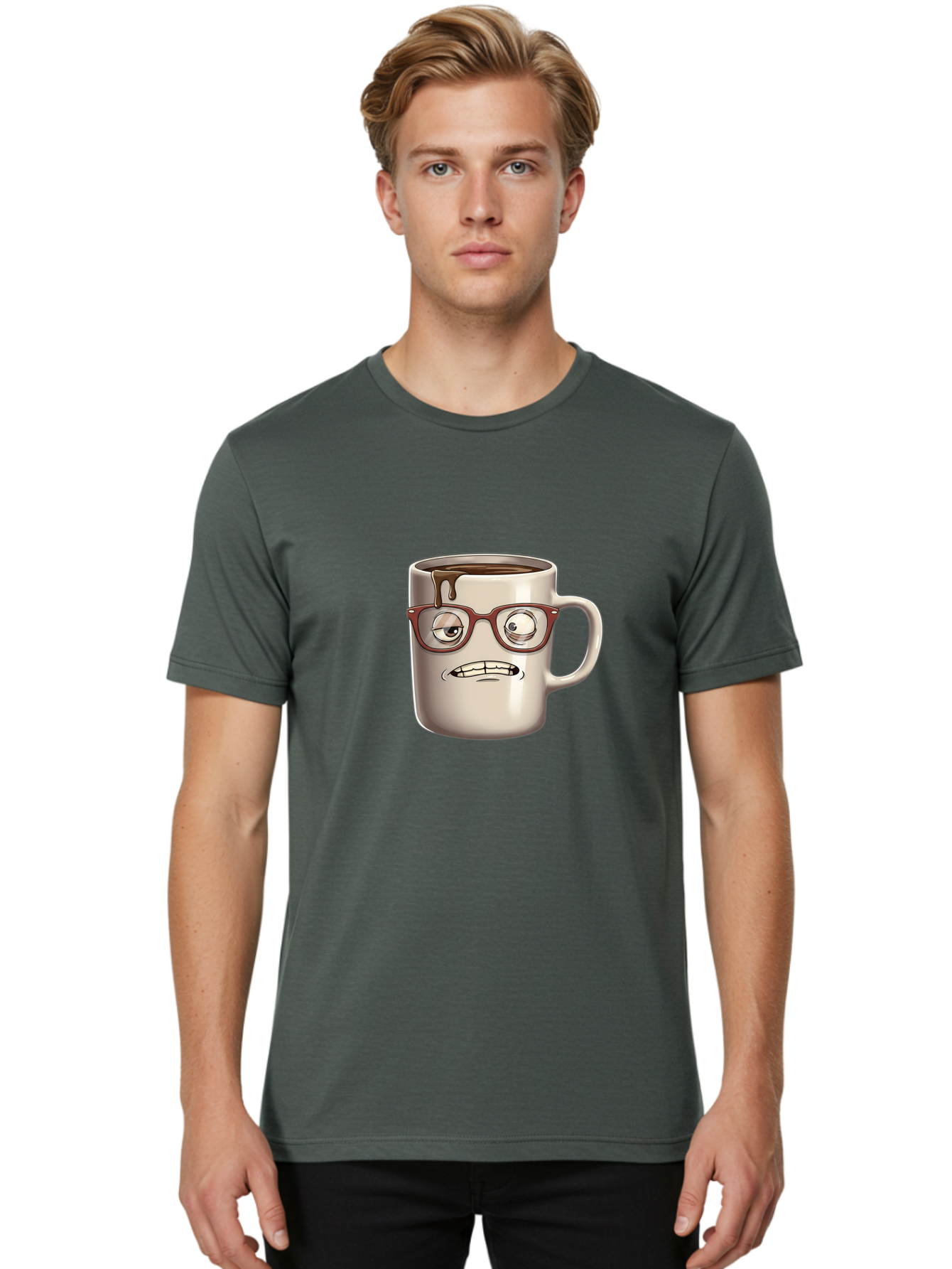 Sad-Coffee-Mug-1 Men'S Graphic Tee, 100% Cotton, Comfortable Casual Summer Wear, Machine Washable, Coffee Mug With Face, Cartoon Character, Anthropomorphic Design, Quirky Personality, Humorous Expression, Glasses, Coffee Stains, Bac382 17