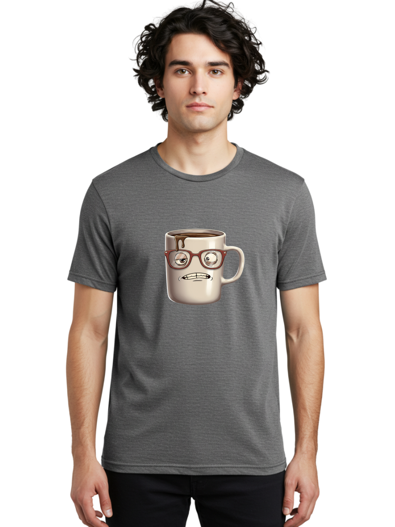 Sad-Coffee-Mug-1 Men'S Graphic Tee, 100% Cotton, Comfortable Casual Summer Wear, Machine Washable, Coffee Mug With Face, Cartoon Character, Anthropomorphic Design, Quirky Personality, Humorous Expression, Glasses, Coffee Stains, Bac382 29
