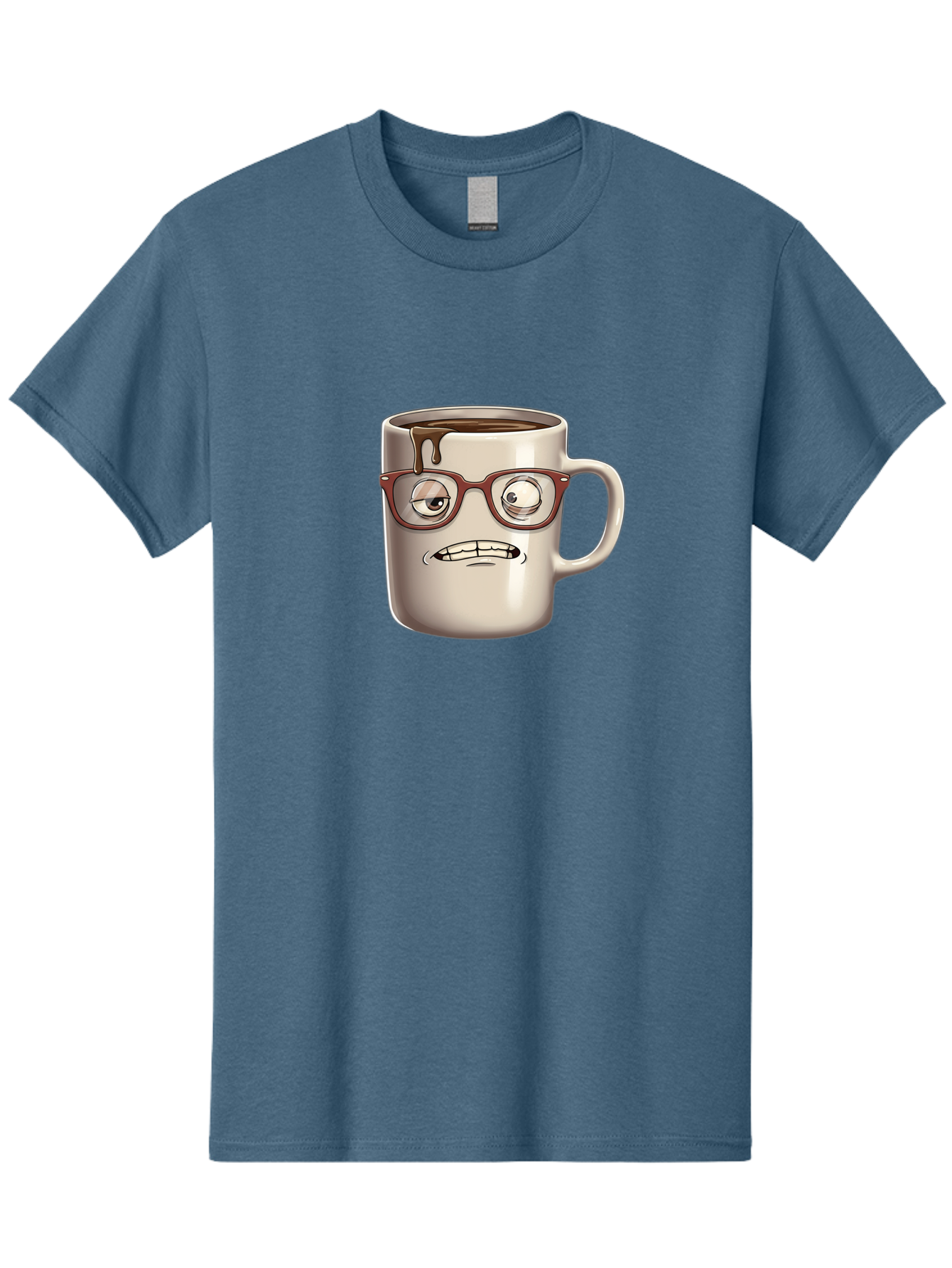 Sad-Coffee-Mug-1 Men'S Graphic Tee, 100% Cotton, Comfortable Casual Summer Wear, Machine Washable, Coffee Mug With Face, Cartoon Character, Anthropomorphic Design, Quirky Personality, Humorous Expression, Glasses, Coffee Stains, Bac382 11
