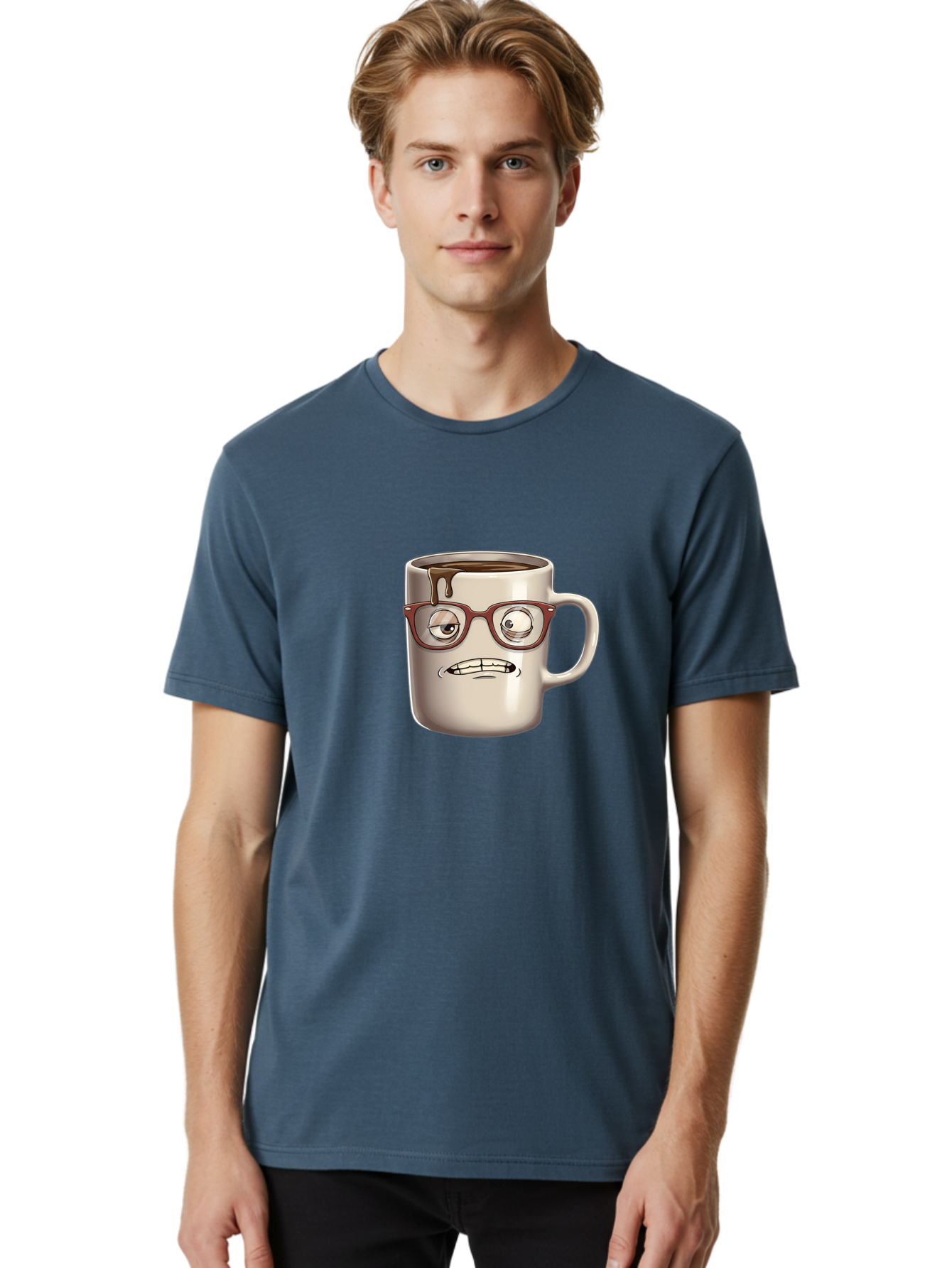 Sad-Coffee-Mug-1 Men'S Graphic Tee, 100% Cotton, Comfortable Casual Summer Wear, Machine Washable, Coffee Mug With Face, Cartoon Character, Anthropomorphic Design, Quirky Personality, Humorous Expression, Glasses, Coffee Stains, Bac382 26