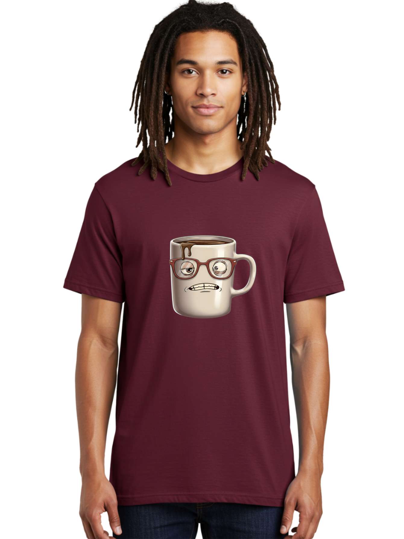Sad-Coffee-Mug-1 Men'S Graphic Tee, 100% Cotton, Comfortable Casual Summer Wear, Machine Washable, Coffee Mug With Face, Cartoon Character, Anthropomorphic Design, Quirky Personality, Humorous Expression, Glasses, Coffee Stains, Bac382 20