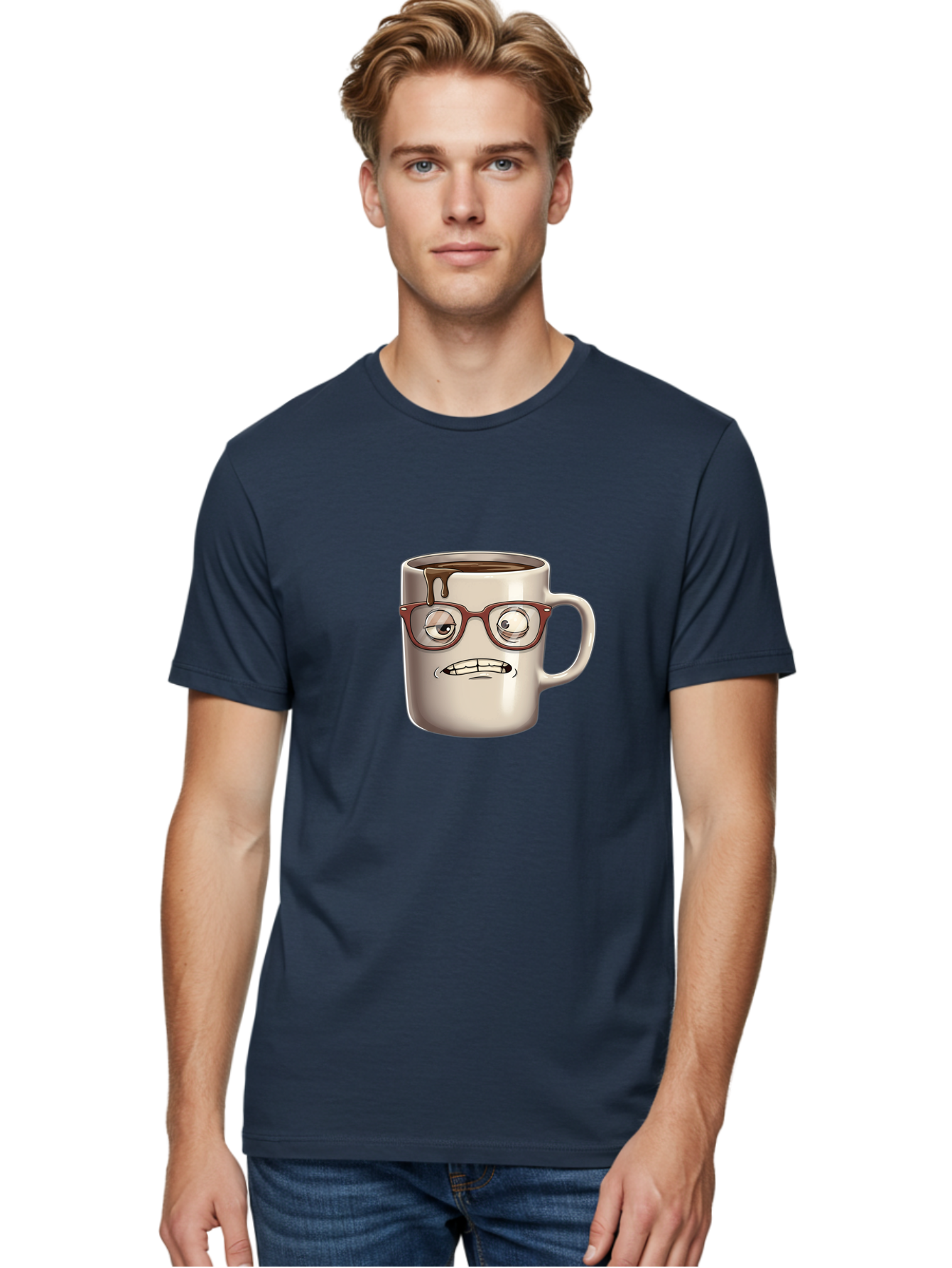Sad-Coffee-Mug-1 Men'S Graphic Tee, 100% Cotton, Comfortable Casual Summer Wear, Machine Washable, Coffee Mug With Face, Cartoon Character, Anthropomorphic Design, Quirky Personality, Humorous Expression, Glasses, Coffee Stains, Bac382 23