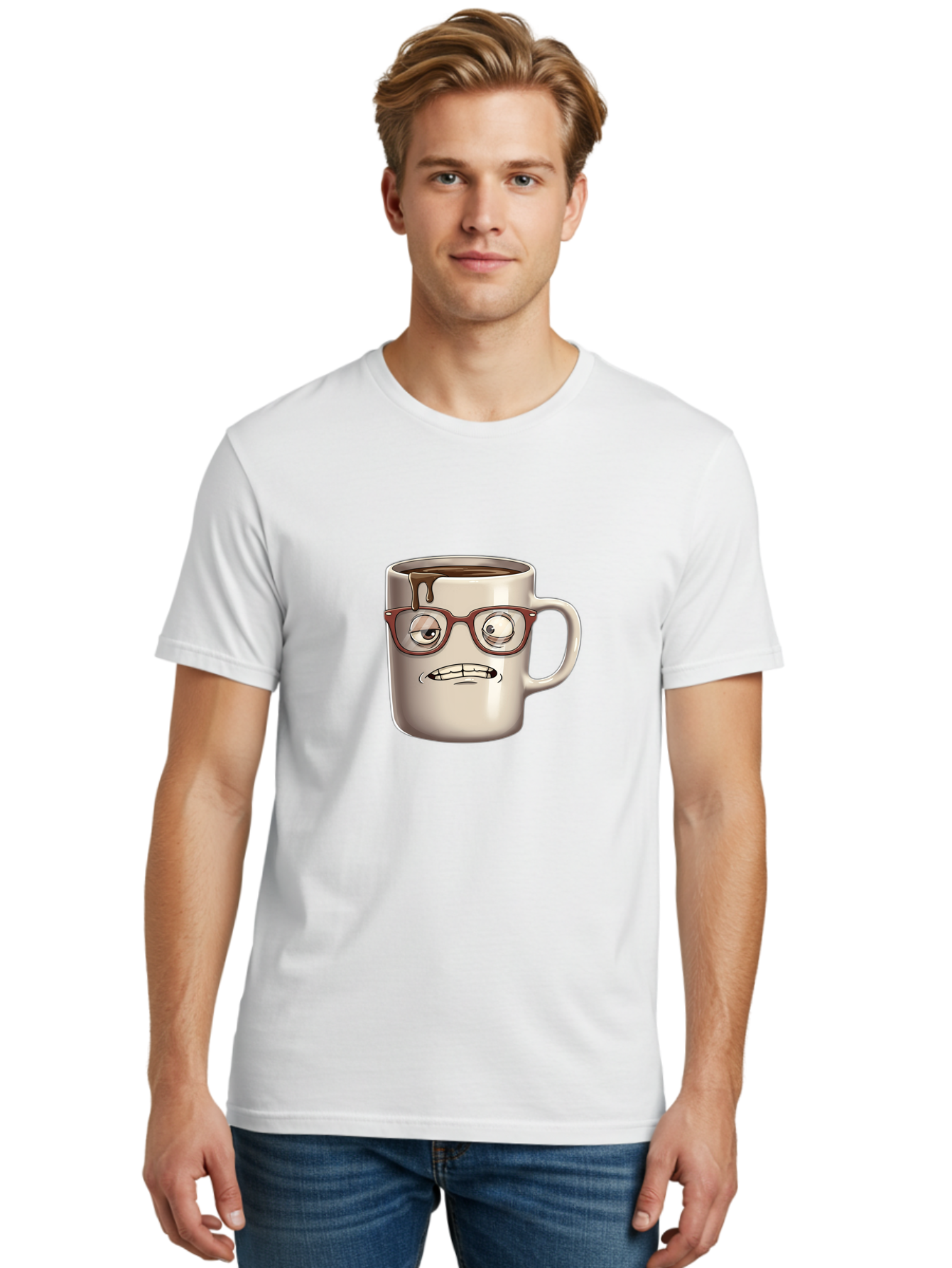 Sad-Coffee-Mug-1 Men'S Graphic Tee, 100% Cotton, Comfortable Casual Summer Wear, Machine Washable, Coffee Mug With Face, Cartoon Character, Anthropomorphic Design, Quirky Personality, Humorous Expression, Glasses, Coffee Stains, Bac382 24
