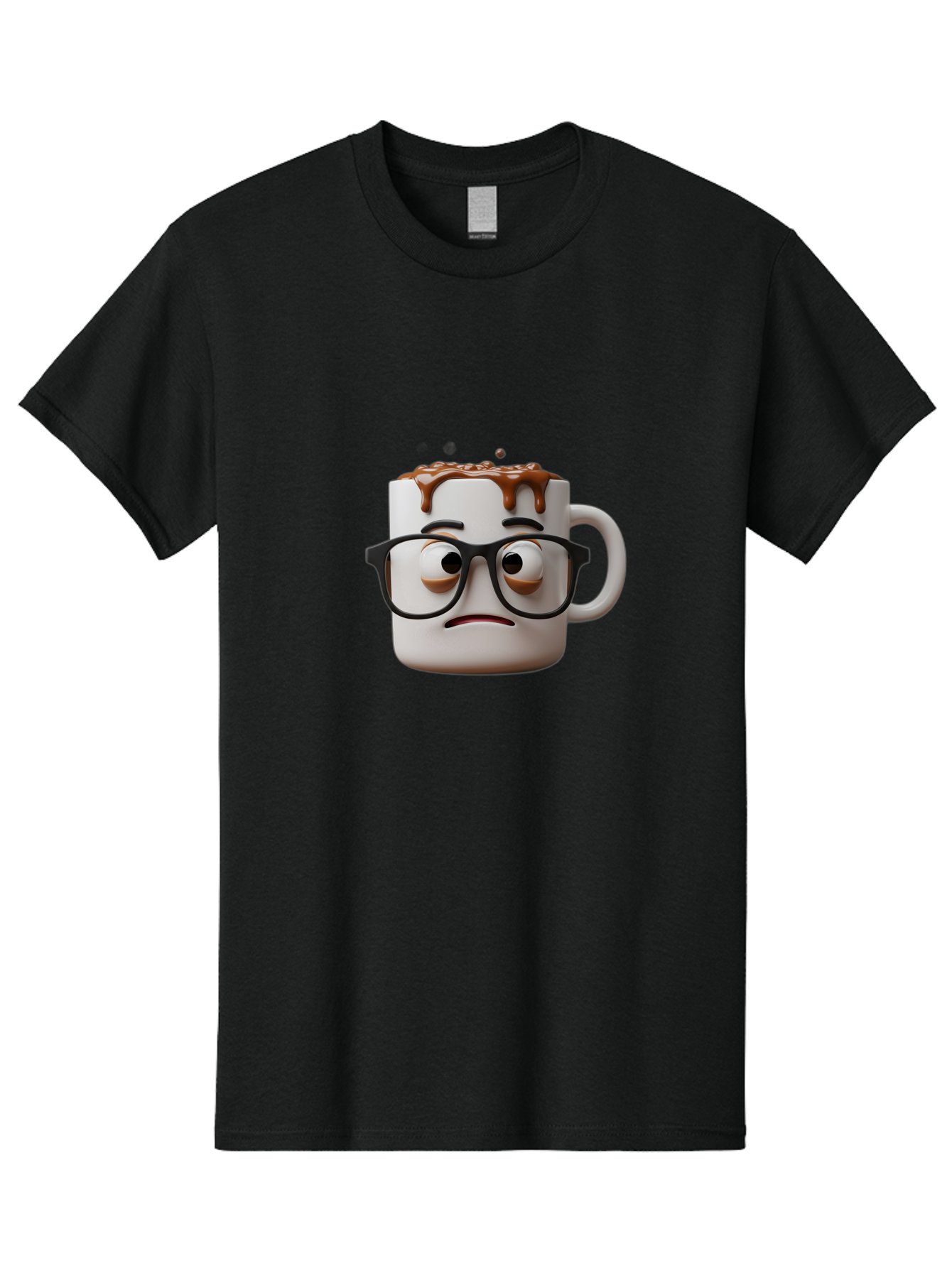 Sad-Coffee-Mug-2 Men'S Graphic Tee, 100% Cotton, Comfortable Casual Summer Wear, Machine Washable, Sad Coffee Mug, Coffee Drink, Chocolate Syrup, 3D Cartoon Character, Emotional Expression, Black Glasses, Unhappy Face, Steaming Hot Beverage, Bac383 15