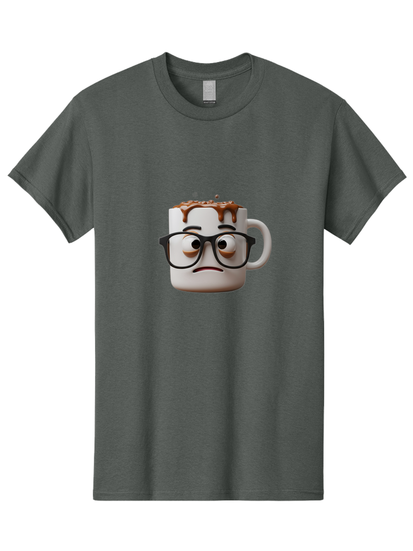 Sad-Coffee-Mug-2 Men'S Graphic Tee, 100% Cotton, Comfortable Casual Summer Wear, Machine Washable, Sad Coffee Mug, Coffee Drink, Chocolate Syrup, 3D Cartoon Character, Emotional Expression, Black Glasses, Unhappy Face, Steaming Hot Beverage, Bac383 3
