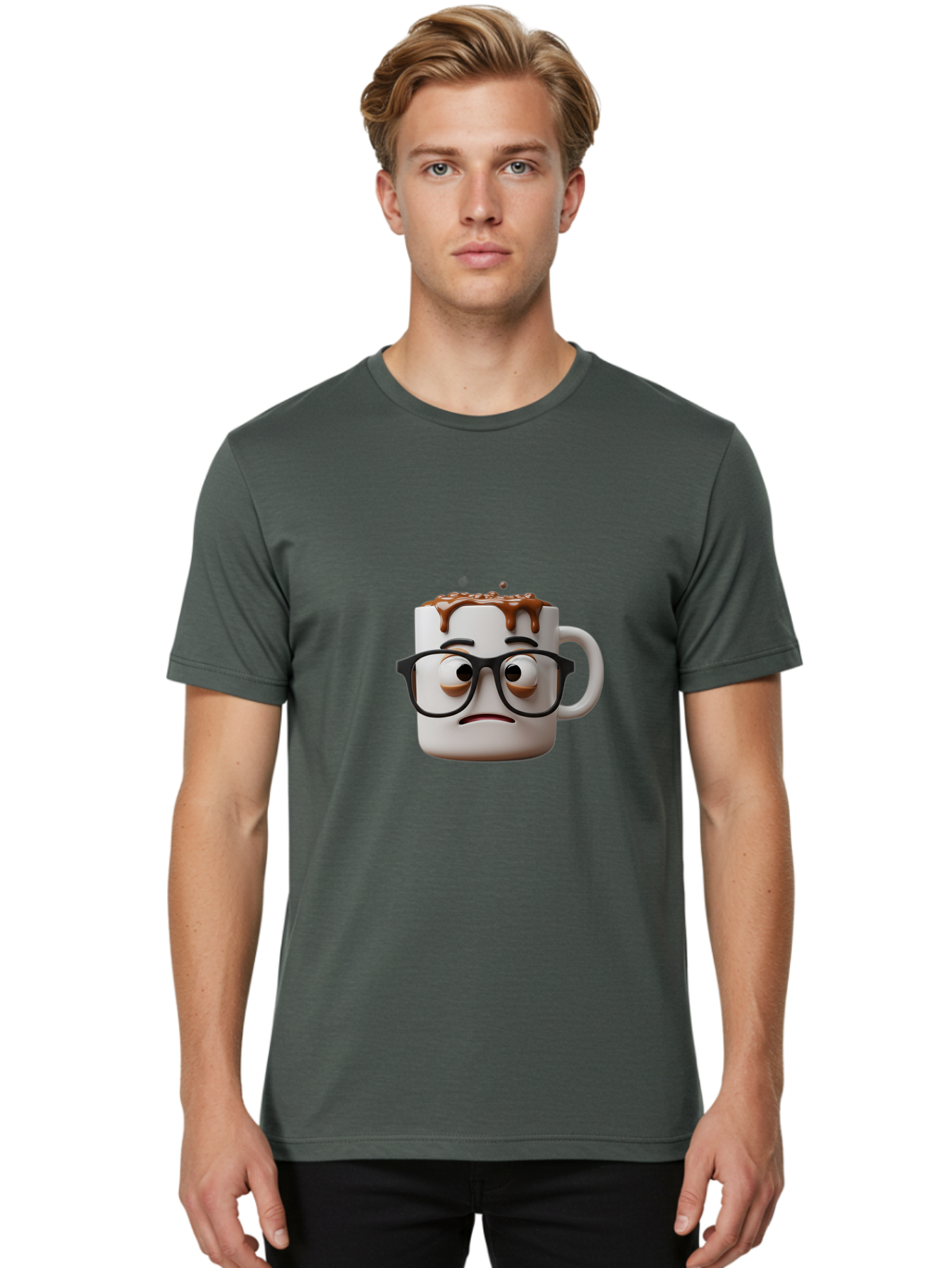 Sad-Coffee-Mug-2 Men'S Graphic Tee, 100% Cotton, Comfortable Casual Summer Wear, Machine Washable, Sad Coffee Mug, Coffee Drink, Chocolate Syrup, 3D Cartoon Character, Emotional Expression, Black Glasses, Unhappy Face, Steaming Hot Beverage, Bac383 18