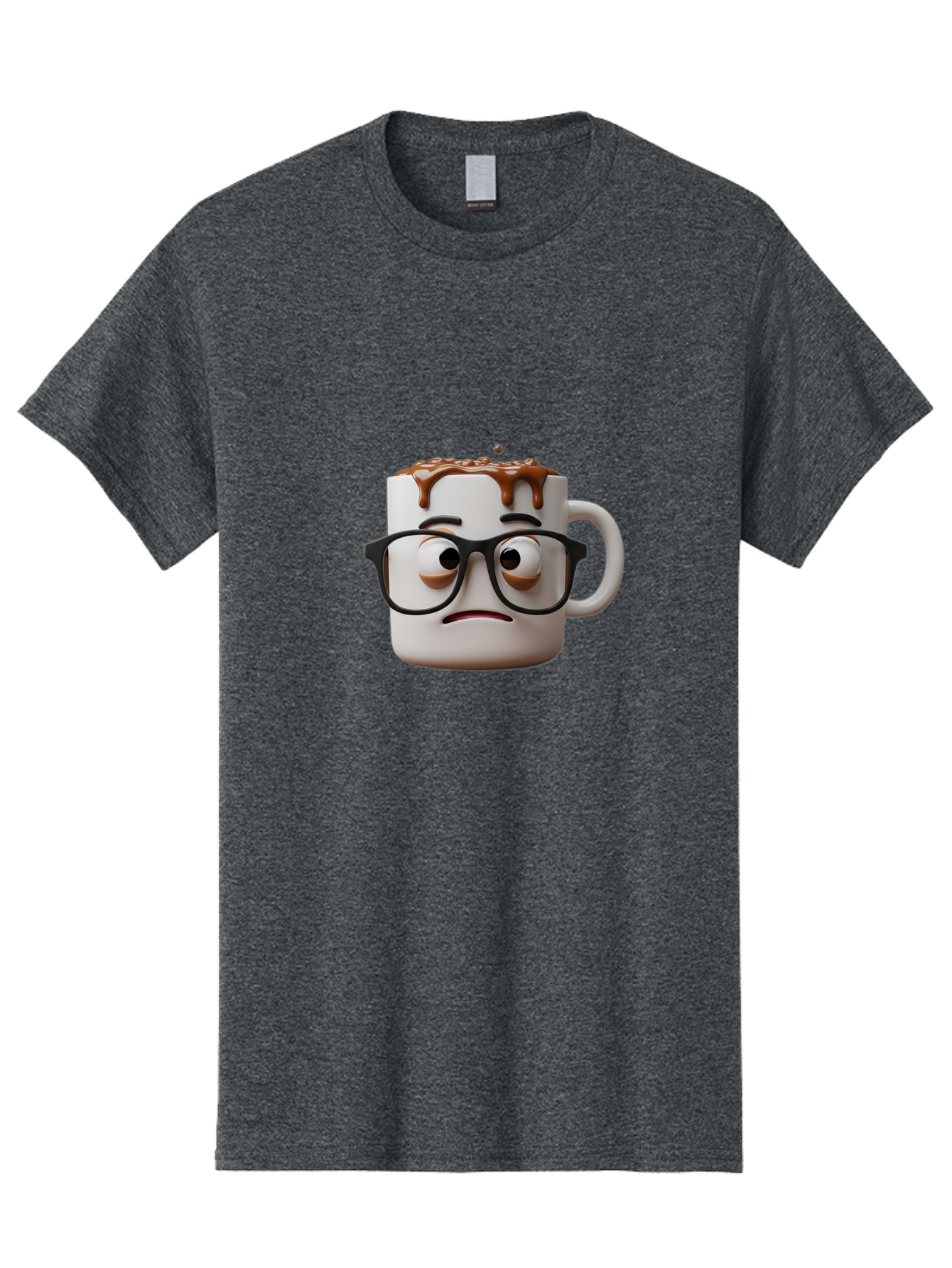 Sad-Coffee-Mug-2 Men'S Graphic Tee, 100% Cotton, Comfortable Casual Summer Wear, Machine Washable, Sad Coffee Mug, Coffee Drink, Chocolate Syrup, 3D Cartoon Character, Emotional Expression, Black Glasses, Unhappy Face, Steaming Hot Beverage, Bac383 10