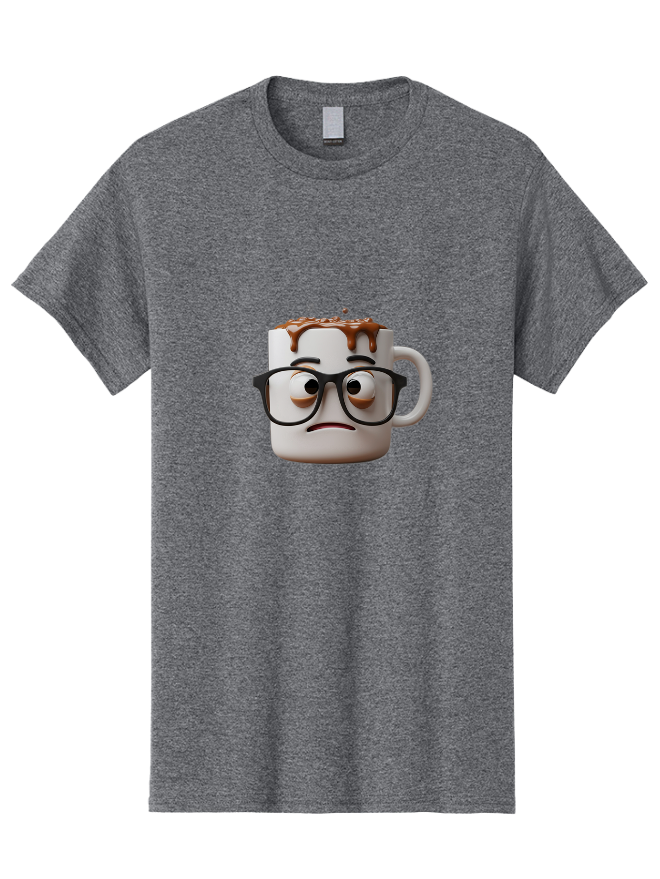 Sad-Coffee-Mug-2 Men'S Graphic Tee, 100% Cotton, Comfortable Casual Summer Wear, Machine Washable, Sad Coffee Mug, Coffee Drink, Chocolate Syrup, 3D Cartoon Character, Emotional Expression, Black Glasses, Unhappy Face, Steaming Hot Beverage, Bac383 9