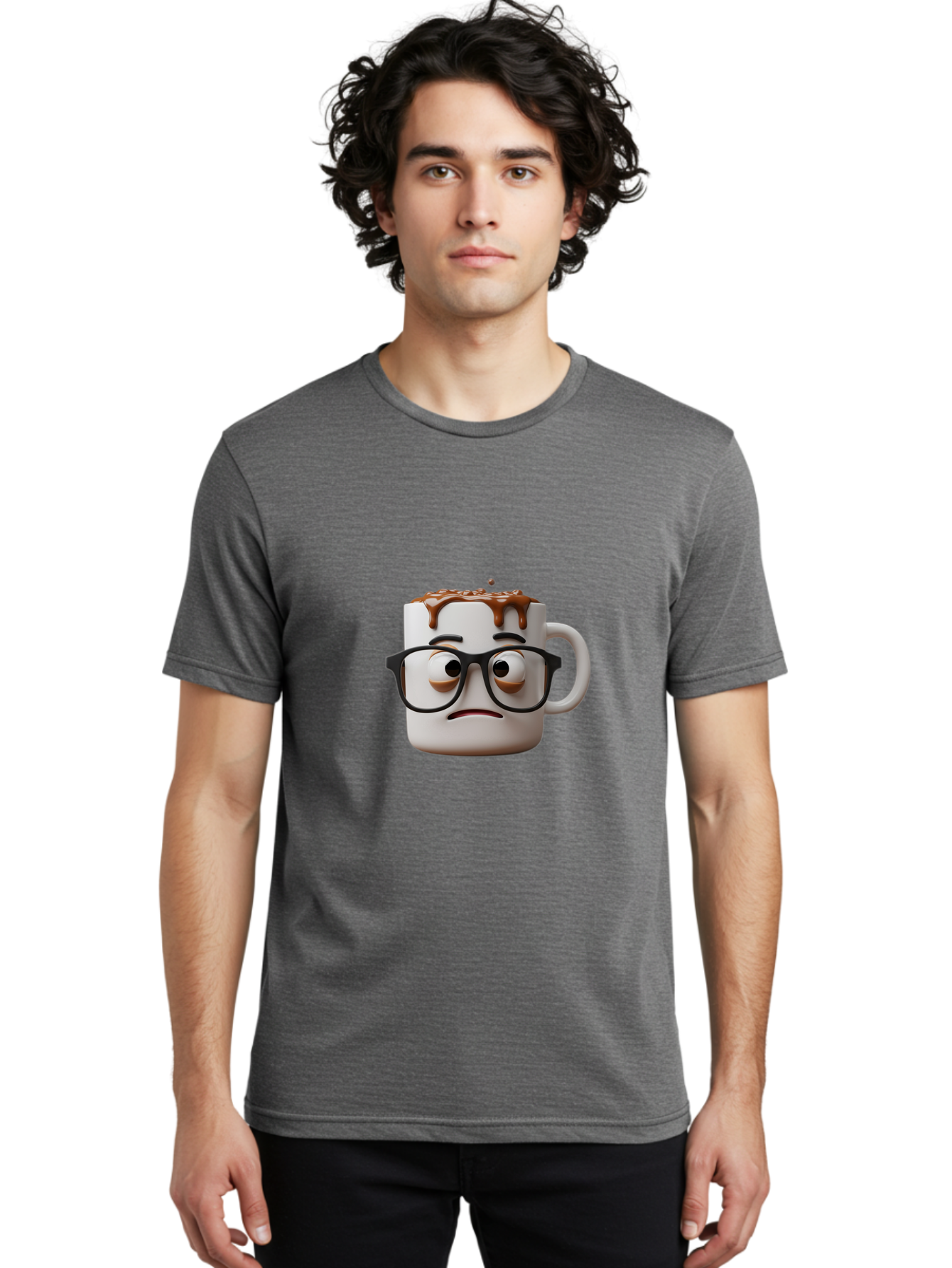 Sad-Coffee-Mug-2 Men'S Graphic Tee, 100% Cotton, Comfortable Casual Summer Wear, Machine Washable, Sad Coffee Mug, Coffee Drink, Chocolate Syrup, 3D Cartoon Character, Emotional Expression, Black Glasses, Unhappy Face, Steaming Hot Beverage, Bac383 24