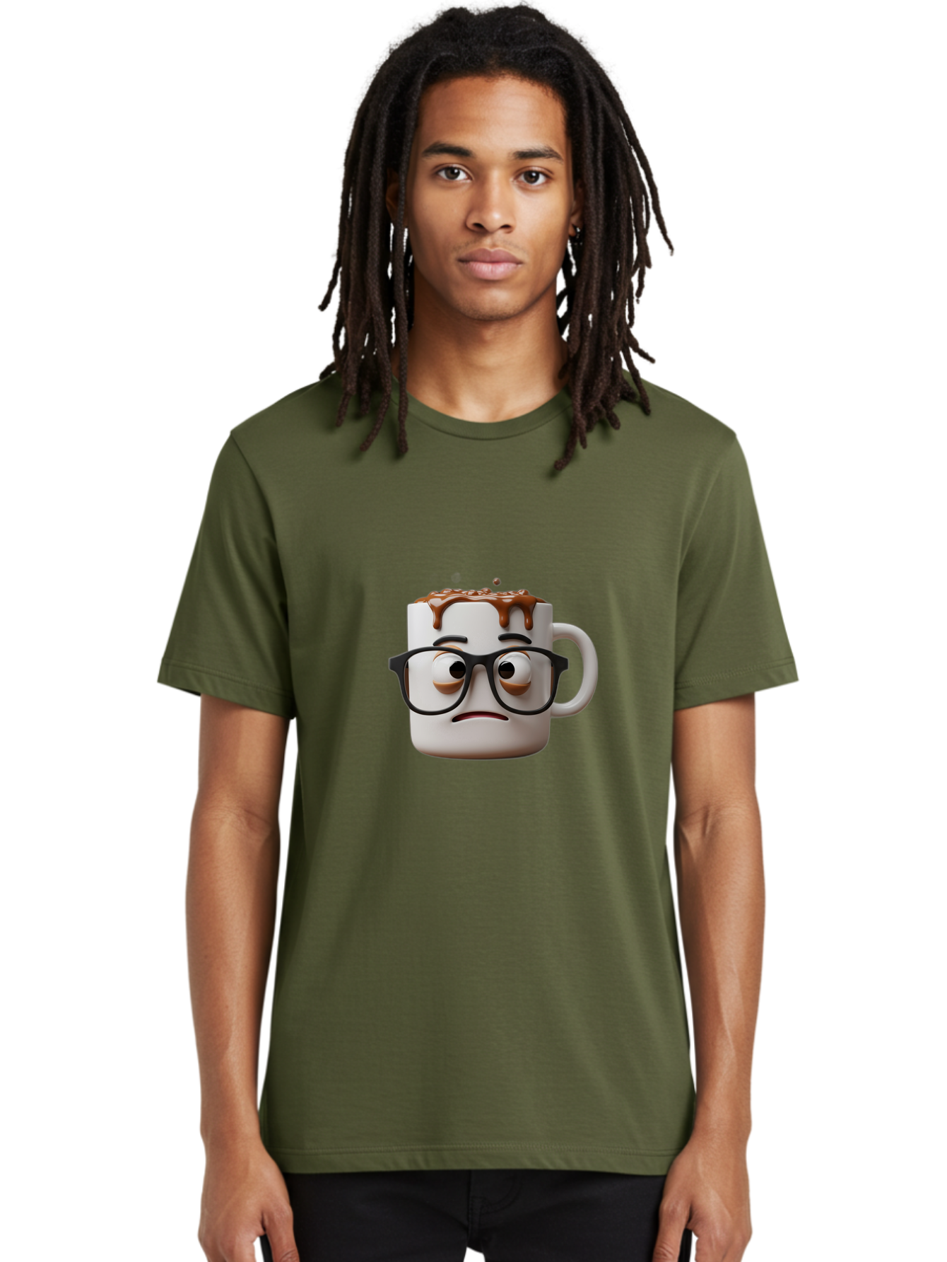 Sad-Coffee-Mug-2 Men'S Graphic Tee, 100% Cotton, Comfortable Casual Summer Wear, Machine Washable, Sad Coffee Mug, Coffee Drink, Chocolate Syrup, 3D Cartoon Character, Emotional Expression, Black Glasses, Unhappy Face, Steaming Hot Beverage, Bac383 27