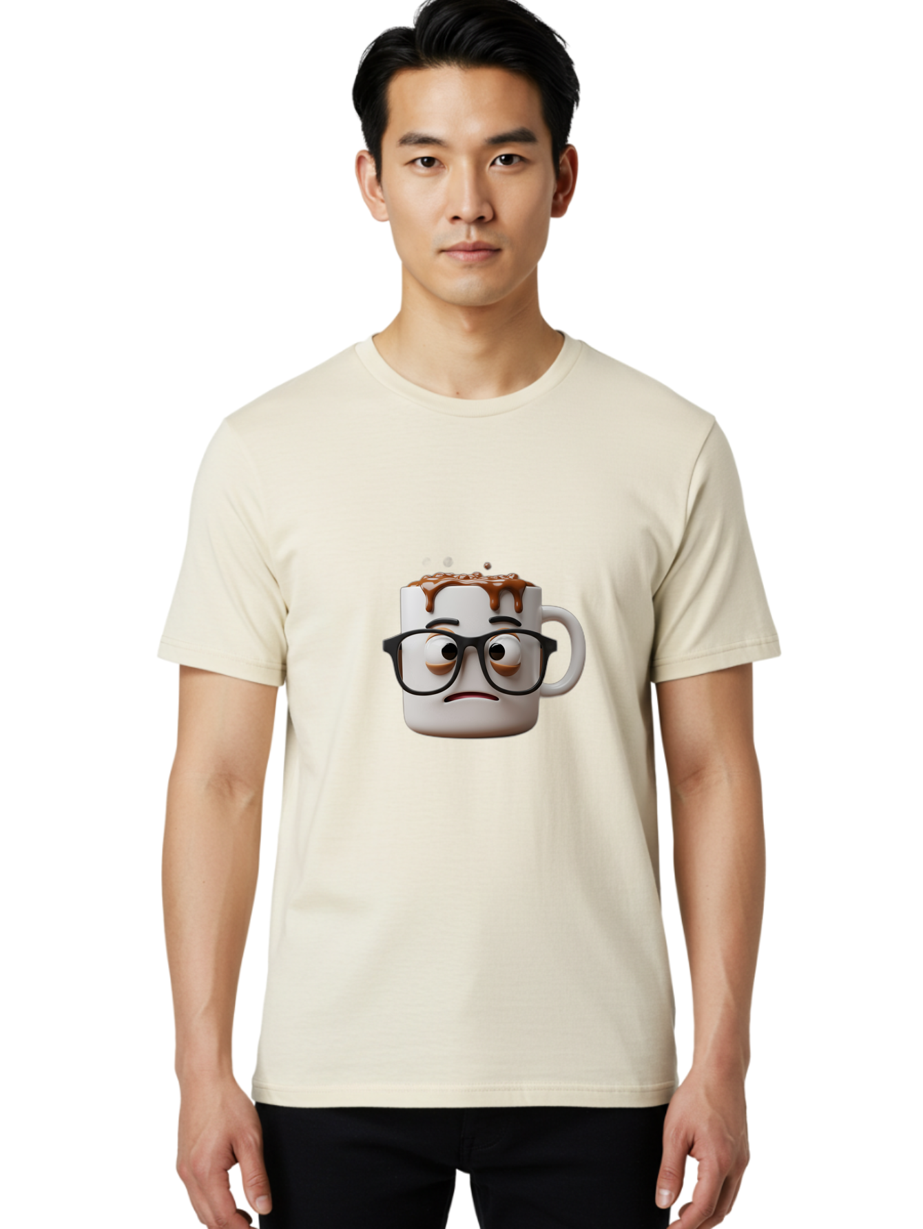 Sad-Coffee-Mug-2 Men'S Graphic Tee, 100% Cotton, Comfortable Casual Summer Wear, Machine Washable, Sad Coffee Mug, Coffee Drink, Chocolate Syrup, 3D Cartoon Character, Emotional Expression, Black Glasses, Unhappy Face, Steaming Hot Beverage, Bac383 17
