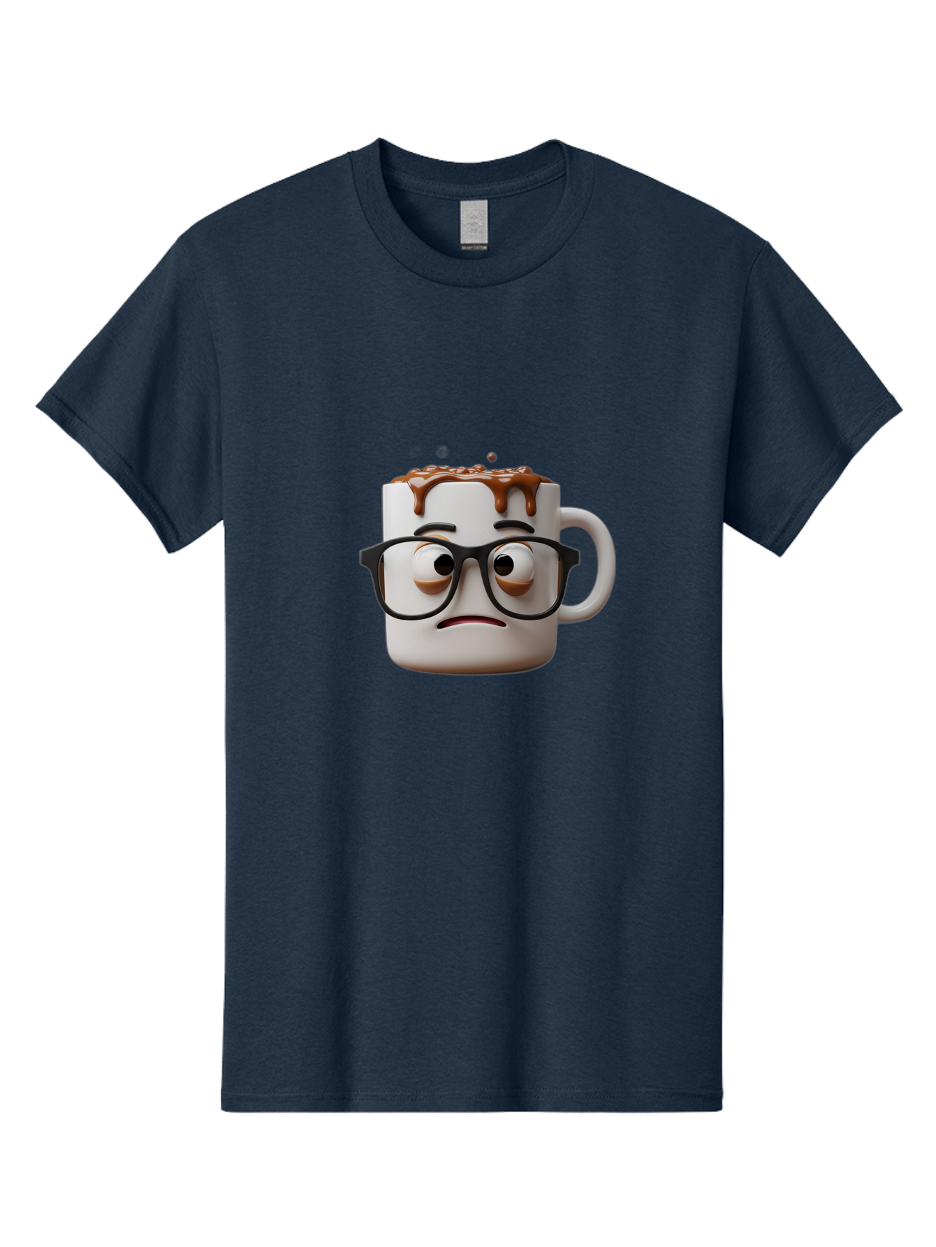 Sad-Coffee-Mug-2 Men'S Graphic Tee, 100% Cotton, Comfortable Casual Summer Wear, Machine Washable, Sad Coffee Mug, Coffee Drink, Chocolate Syrup, 3D Cartoon Character, Emotional Expression, Black Glasses, Unhappy Face, Steaming Hot Beverage, Bac383 5