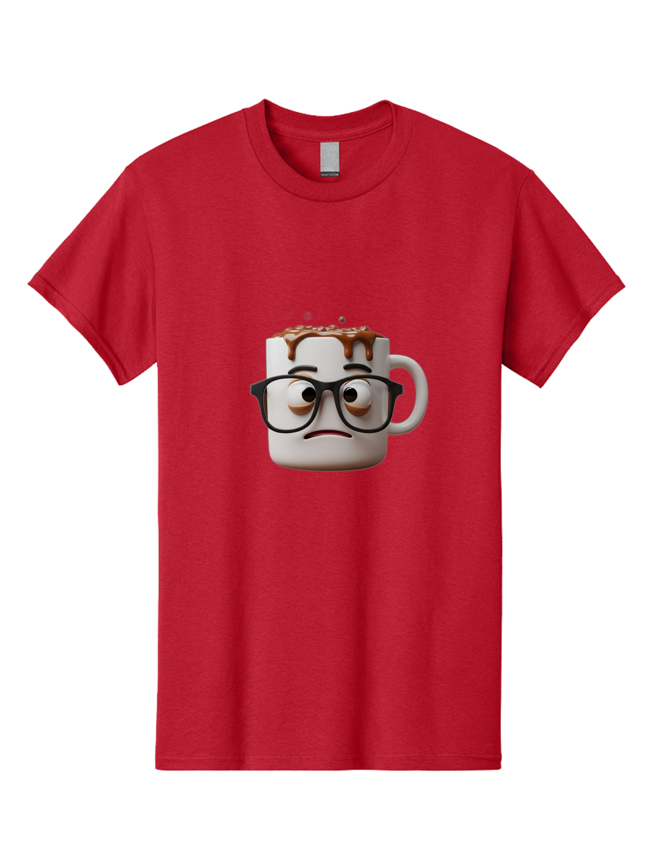 Sad-Coffee-Mug-2 Men'S Graphic Tee, 100% Cotton, Comfortable Casual Summer Wear, Machine Washable, Sad Coffee Mug, Coffee Drink, Chocolate Syrup, 3D Cartoon Character, Emotional Expression, Black Glasses, Unhappy Face, Steaming Hot Beverage, Bac383 11