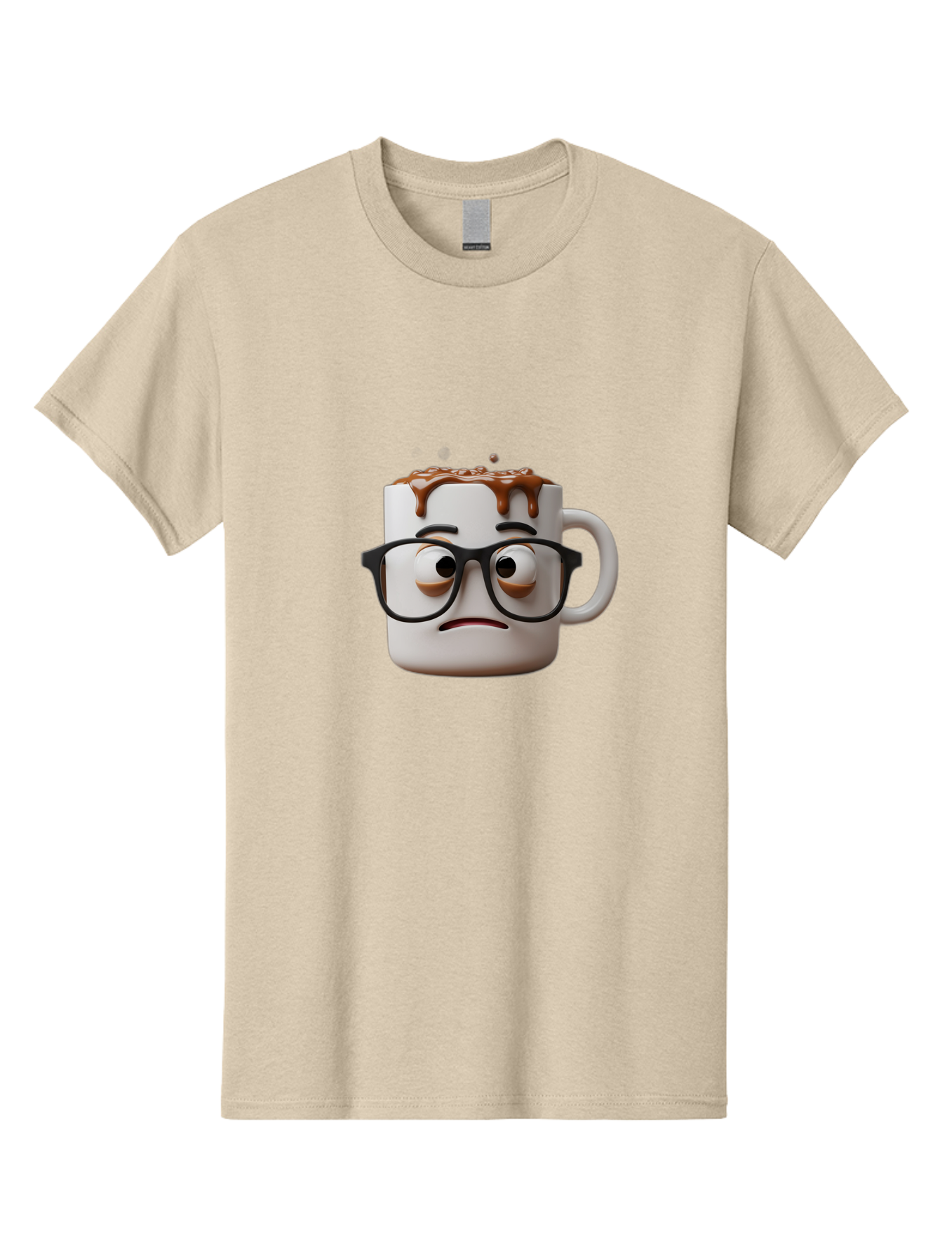 Sad-Coffee-Mug-2 Men'S Graphic Tee, 100% Cotton, Comfortable Casual Summer Wear, Machine Washable, Sad Coffee Mug, Coffee Drink, Chocolate Syrup, 3D Cartoon Character, Emotional Expression, Black Glasses, Unhappy Face, Steaming Hot Beverage, Bac383 7