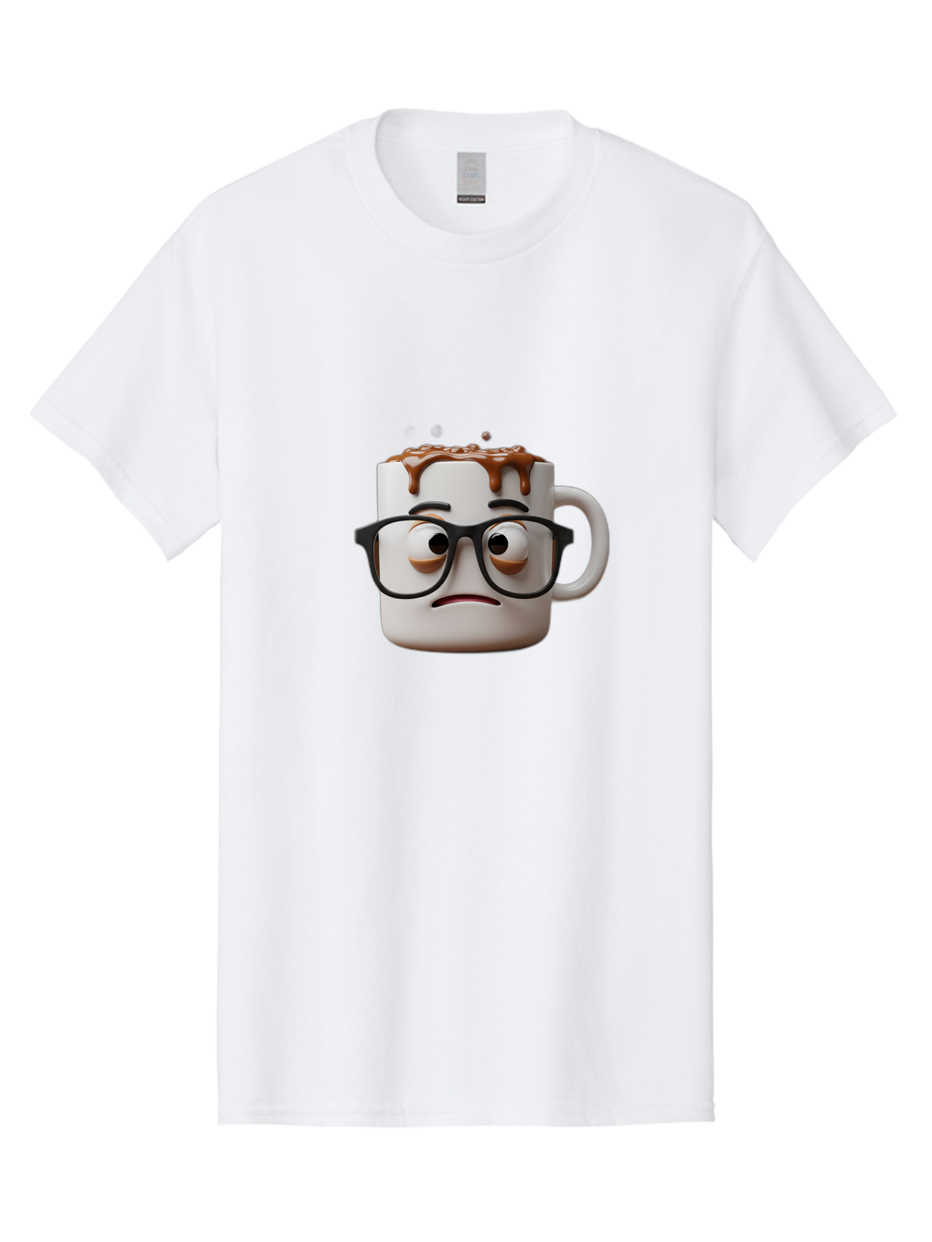 Sad-Coffee-Mug-2 Men'S Graphic Tee, 100% Cotton, Comfortable Casual Summer Wear, Machine Washable, Sad Coffee Mug, Coffee Drink, Chocolate Syrup, 3D Cartoon Character, Emotional Expression, Black Glasses, Unhappy Face, Steaming Hot Beverage, Bac383 8
