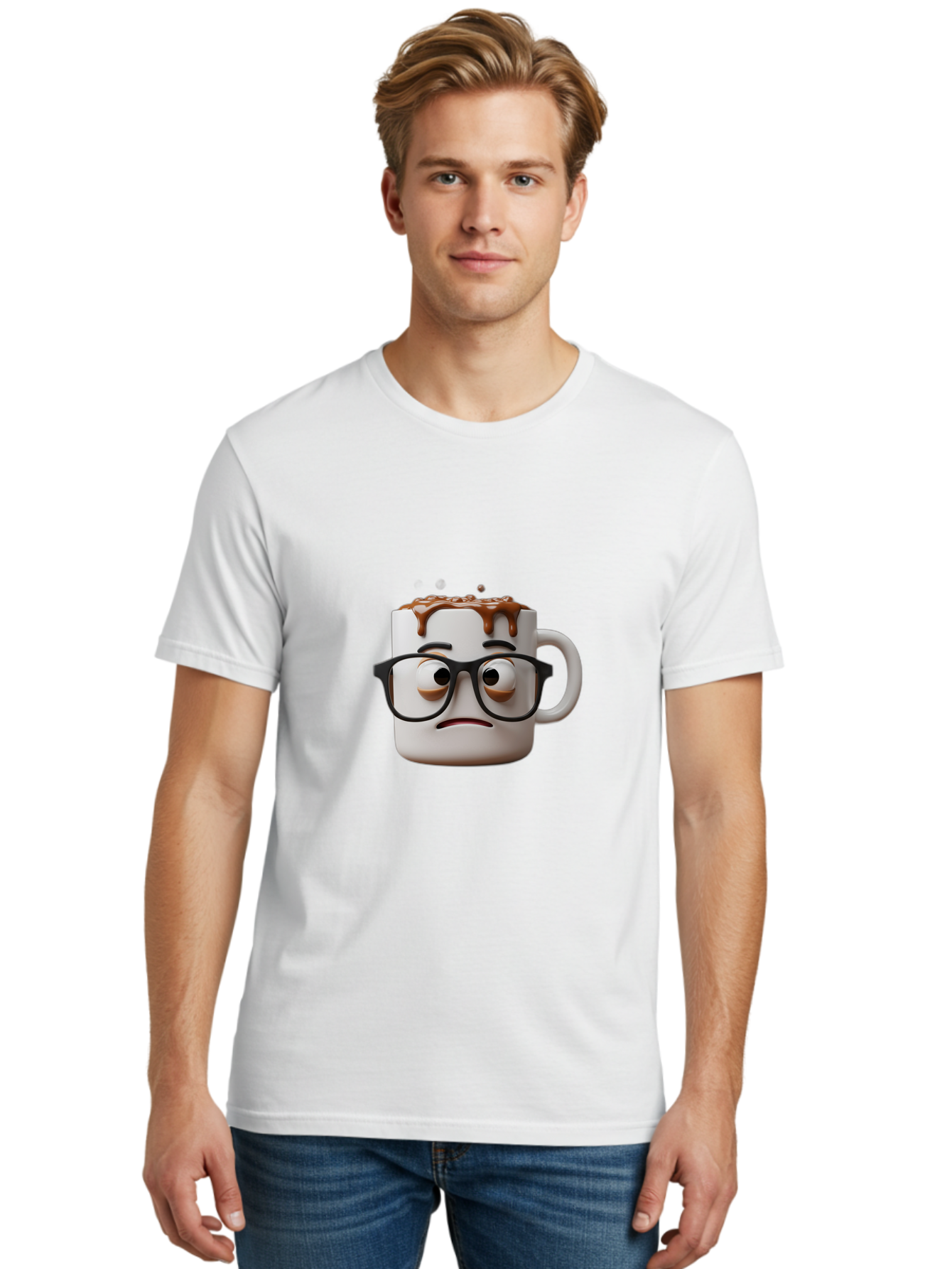 Sad-Coffee-Mug-2 Men'S Graphic Tee, 100% Cotton, Comfortable Casual Summer Wear, Machine Washable, Sad Coffee Mug, Coffee Drink, Chocolate Syrup, 3D Cartoon Character, Emotional Expression, Black Glasses, Unhappy Face, Steaming Hot Beverage, Bac383 23