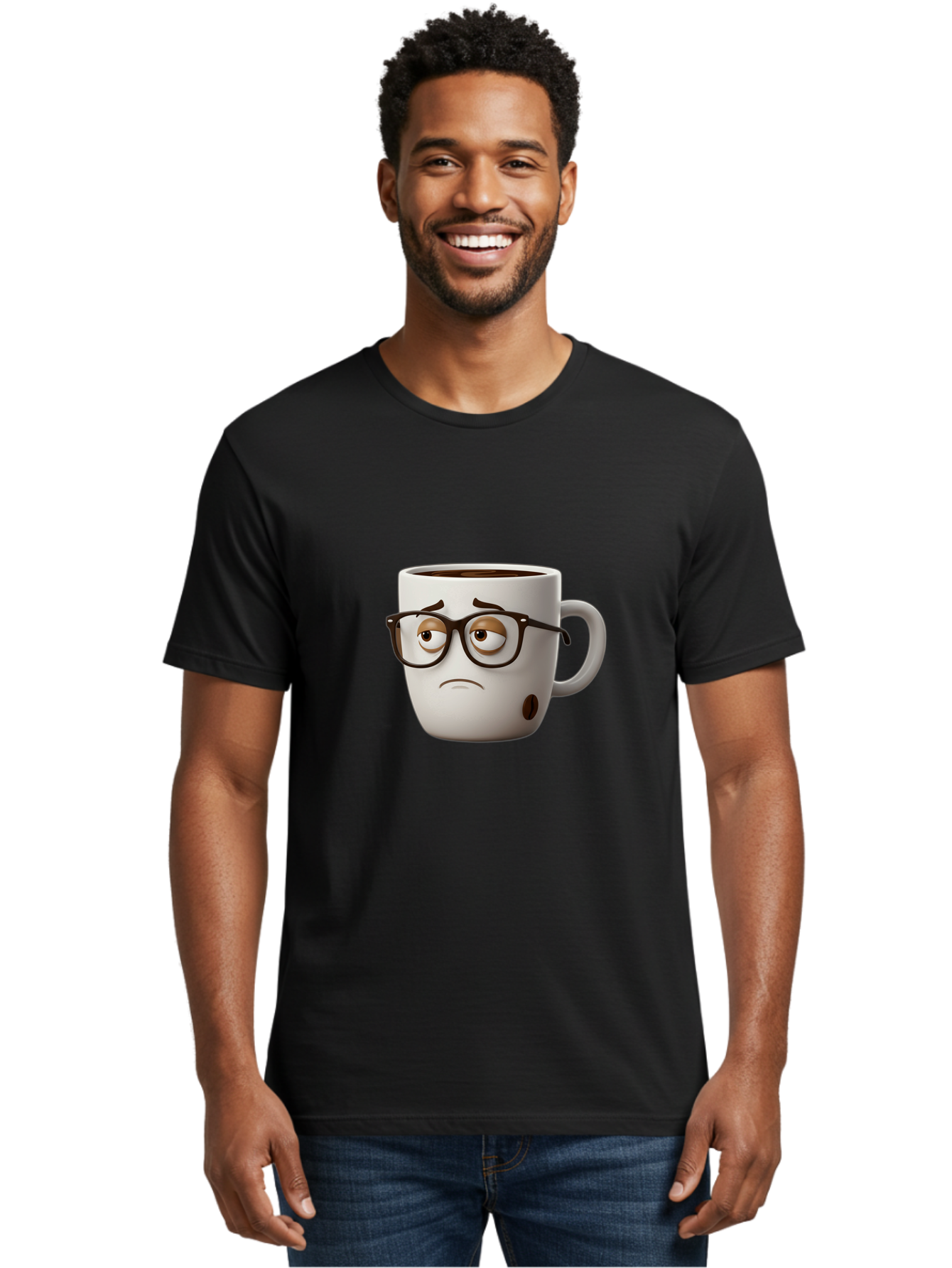 Sad-Coffee-Mug Men'S Graphic Tee, 100% Cotton, Comfortable Casual Summer Wear, Machine Washable, Coffee Mug With Face, Sad Expression, Black Glasses, Coffee Drink, Morning Routine, Daily Grind, Cartoon Character, Quirky Design, Funny Mug Bac384 16