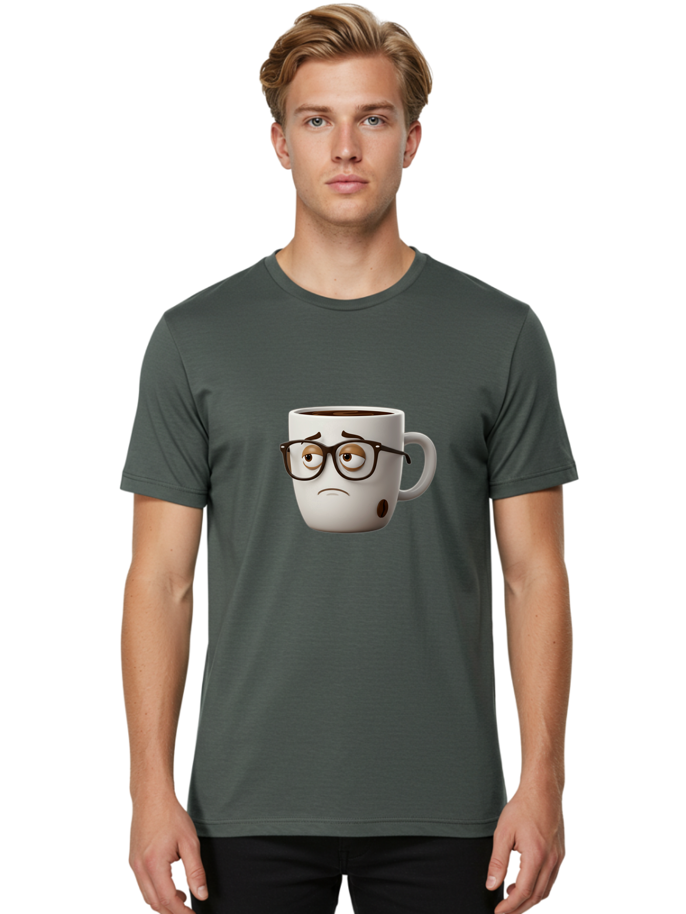 Sad-Coffee-Mug Men'S Graphic Tee, 100% Cotton, Comfortable Casual Summer Wear, Machine Washable, Coffee Mug With Face, Sad Expression, Black Glasses, Coffee Drink, Morning Routine, Daily Grind, Cartoon Character, Quirky Design, Funny Mug Bac384 30