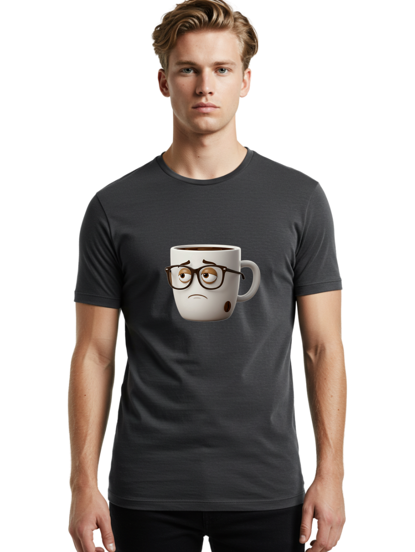 Sad-Coffee-Mug Men'S Graphic Tee, 100% Cotton, Comfortable Casual Summer Wear, Machine Washable, Coffee Mug With Face, Sad Expression, Black Glasses, Coffee Drink, Morning Routine, Daily Grind, Cartoon Character, Quirky Design, Funny Mug Bac384 26