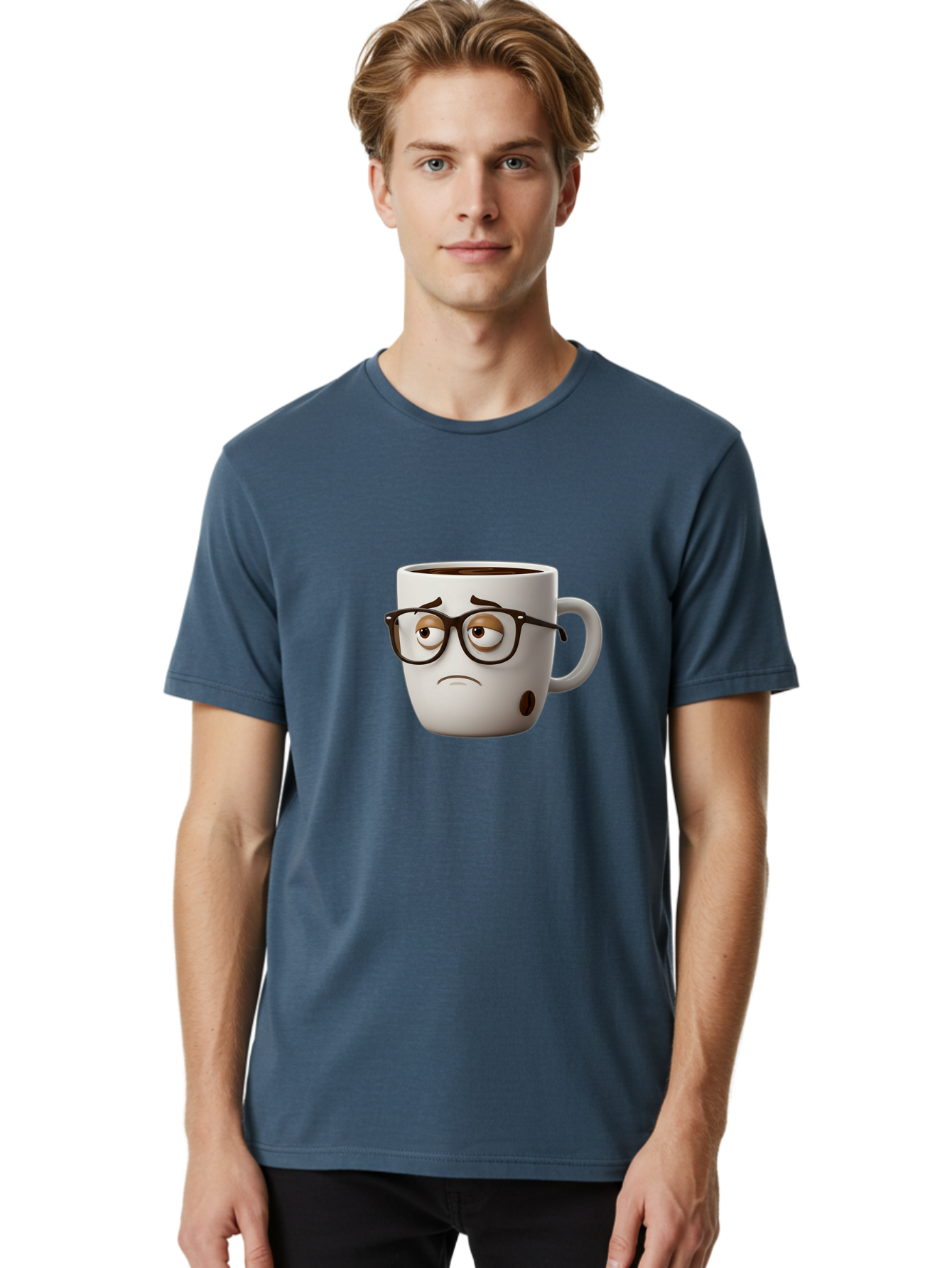 Sad-Coffee-Mug Men'S Graphic Tee, 100% Cotton, Comfortable Casual Summer Wear, Machine Washable, Coffee Mug With Face, Sad Expression, Black Glasses, Coffee Drink, Morning Routine, Daily Grind, Cartoon Character, Quirky Design, Funny Mug Bac384 22