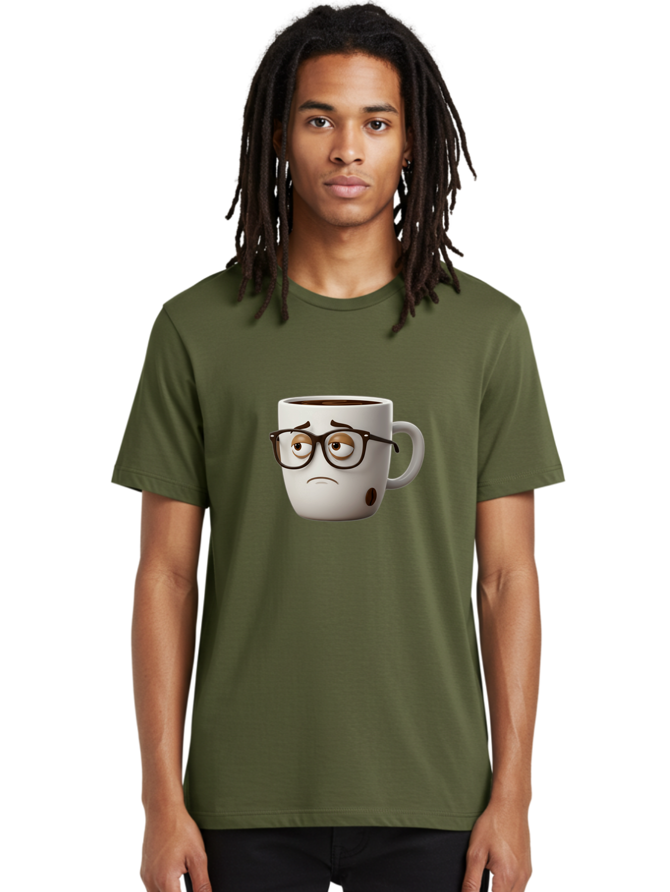 Sad-Coffee-Mug Men'S Graphic Tee, 100% Cotton, Comfortable Casual Summer Wear, Machine Washable, Coffee Mug With Face, Sad Expression, Black Glasses, Coffee Drink, Morning Routine, Daily Grind, Cartoon Character, Quirky Design, Funny Mug Bac384 20