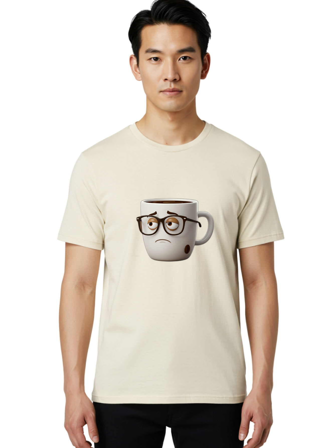 Sad-Coffee-Mug Men'S Graphic Tee, 100% Cotton, Comfortable Casual Summer Wear, Machine Washable, Coffee Mug With Face, Sad Expression, Black Glasses, Coffee Drink, Morning Routine, Daily Grind, Cartoon Character, Quirky Design, Funny Mug Bac384 19