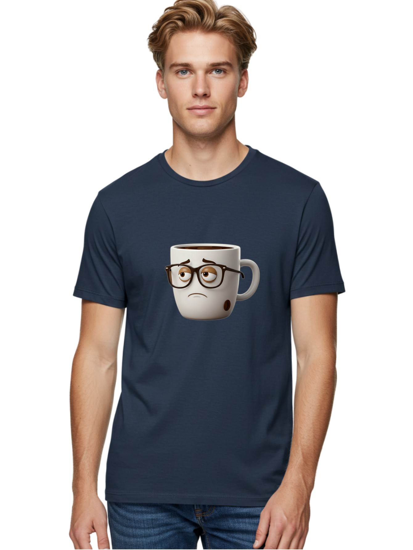 Sad-Coffee-Mug Men'S Graphic Tee, 100% Cotton, Comfortable Casual Summer Wear, Machine Washable, Coffee Mug With Face, Sad Expression, Black Glasses, Coffee Drink, Morning Routine, Daily Grind, Cartoon Character, Quirky Design, Funny Mug Bac384 23