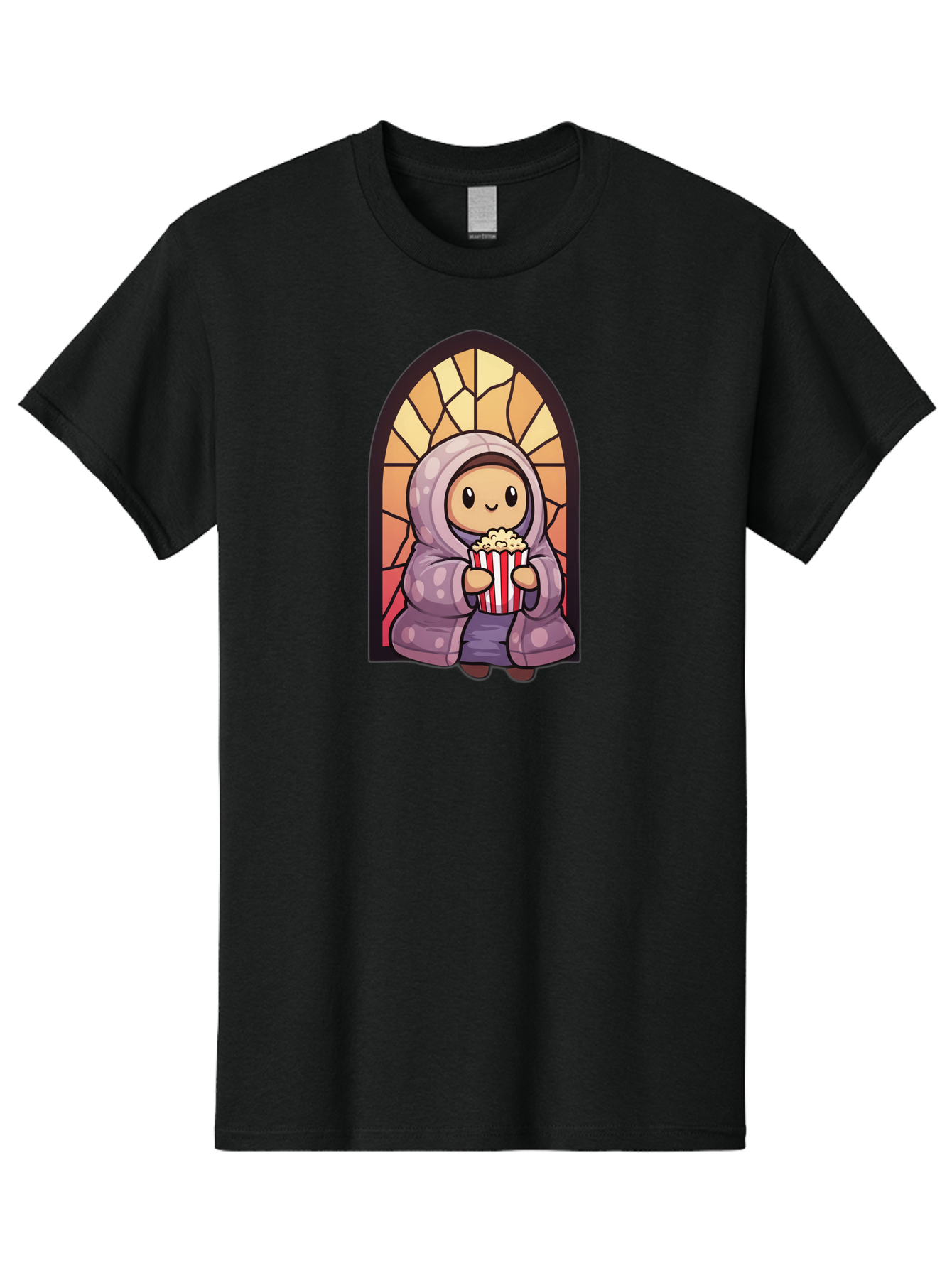 Saint-Popcorn Men'S Graphic Tee, 100% Cotton, Comfortable Casual Summer Wear, Machine Washable, Cartoon Character, Stained Glass Window, Kid Eating Popcorn, Cute Illustration, Cozy Atmosphere, Warm Colors, Hoodie, Snack Time, Playful Design, Bac385 4