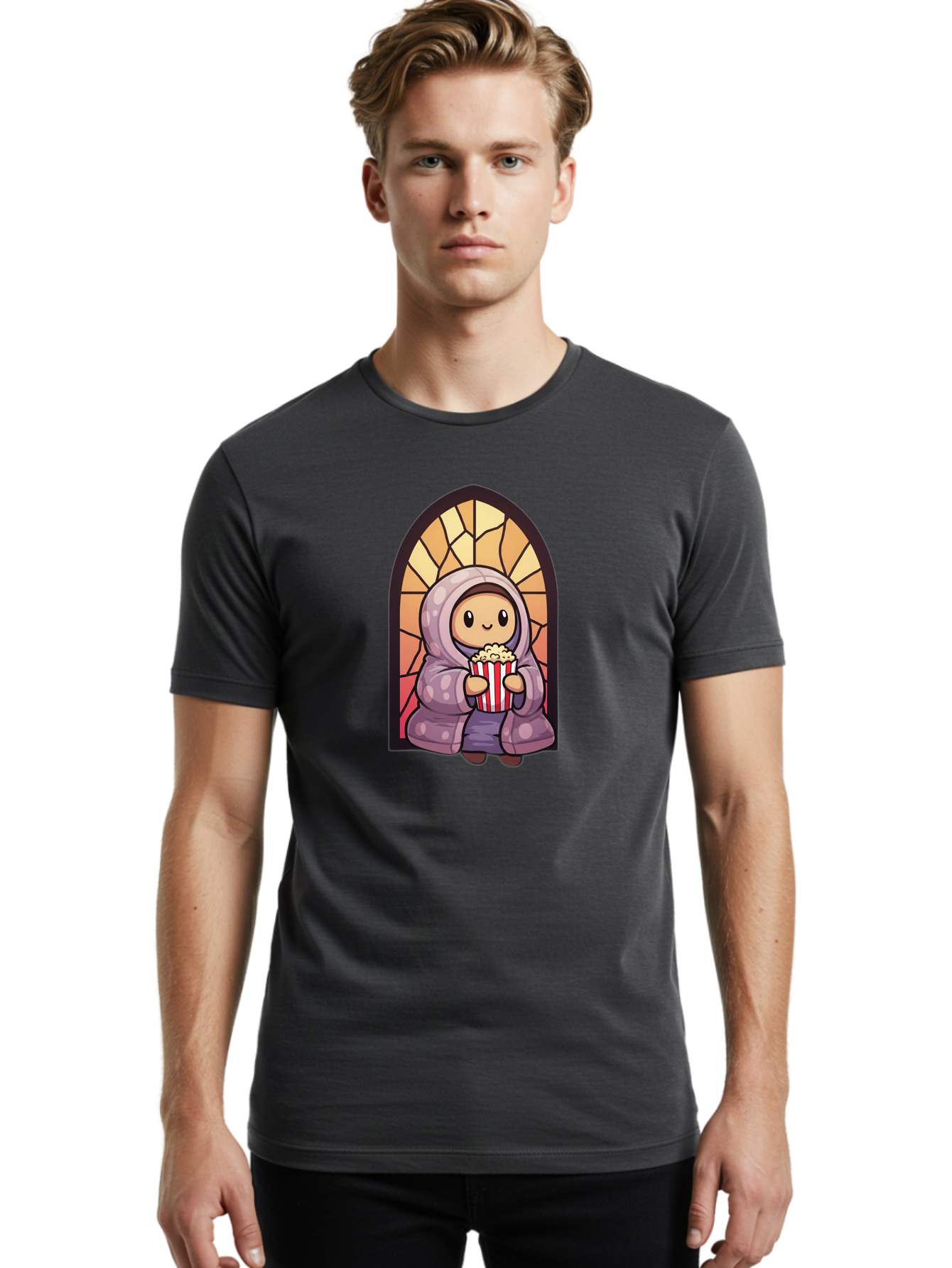 Saint-Popcorn Men'S Graphic Tee, 100% Cotton, Comfortable Casual Summer Wear, Machine Washable, Cartoon Character, Stained Glass Window, Kid Eating Popcorn, Cute Illustration, Cozy Atmosphere, Warm Colors, Hoodie, Snack Time, Playful Design, Bac385 24