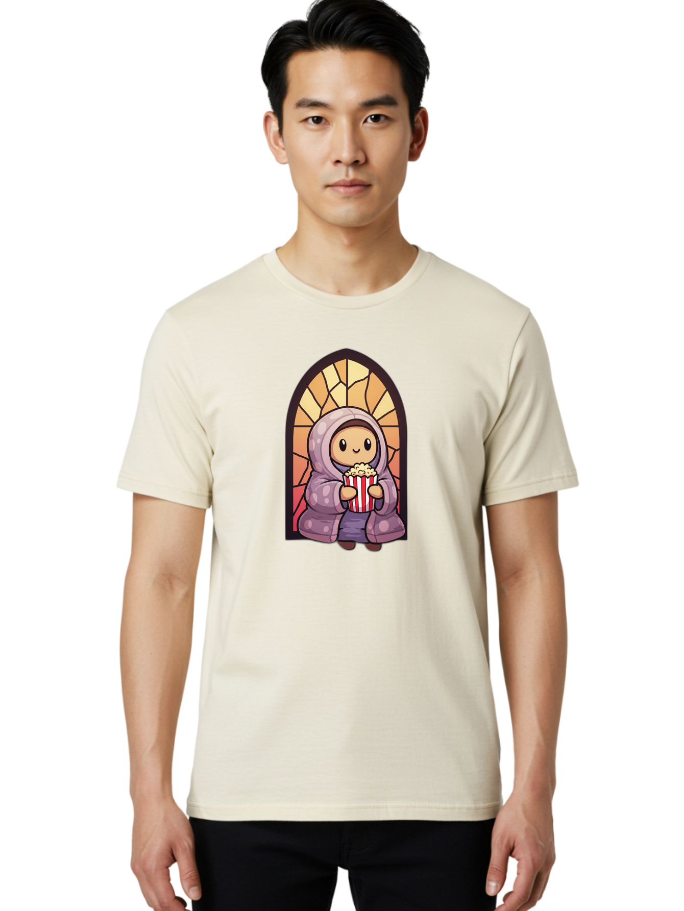 Saint-Popcorn Men'S Graphic Tee, 100% Cotton, Comfortable Casual Summer Wear, Machine Washable, Cartoon Character, Stained Glass Window, Kid Eating Popcorn, Cute Illustration, Cozy Atmosphere, Warm Colors, Hoodie, Snack Time, Playful Design, Bac385 30