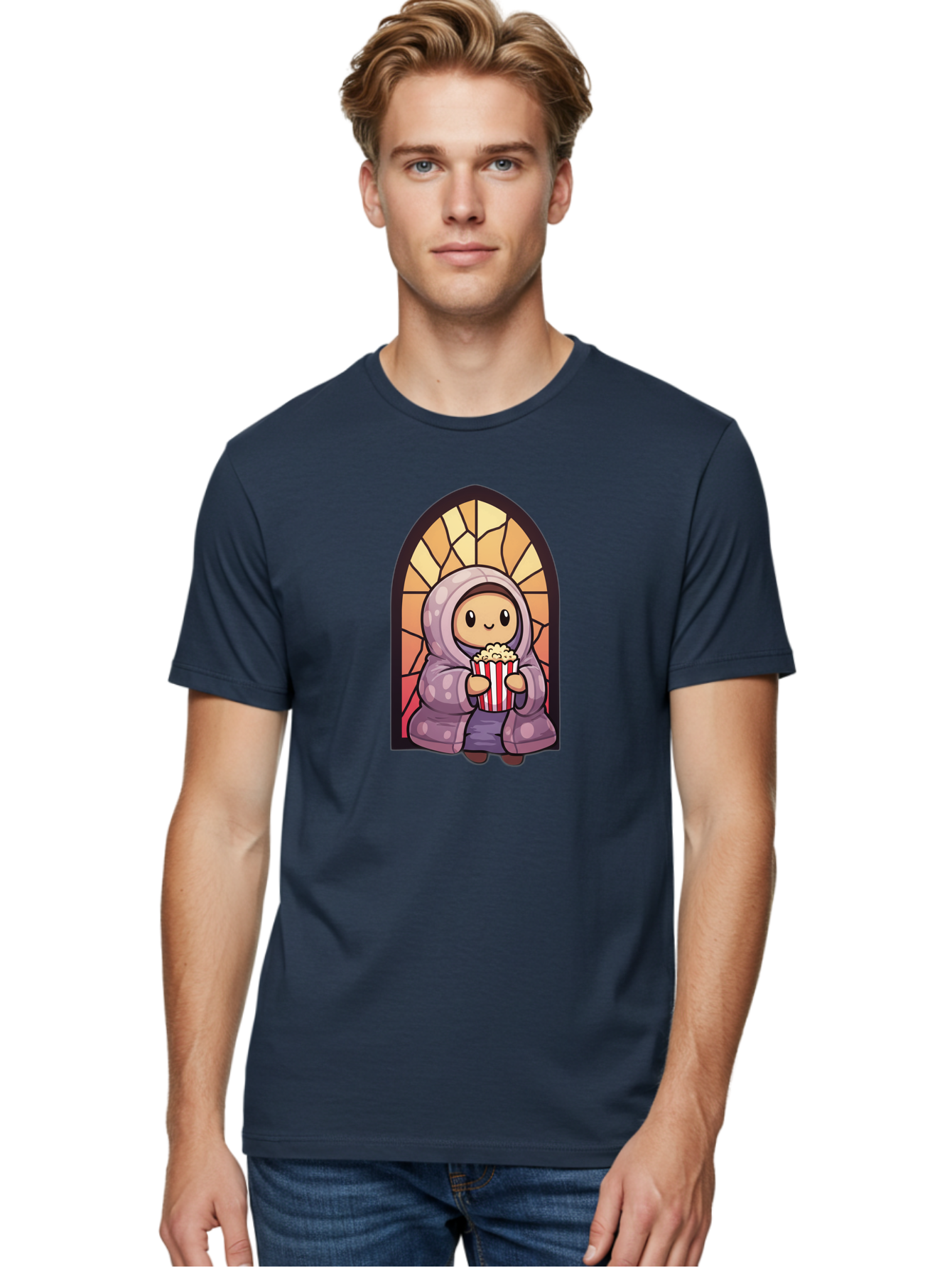 Saint-Popcorn Men'S Graphic Tee, 100% Cotton, Comfortable Casual Summer Wear, Machine Washable, Cartoon Character, Stained Glass Window, Kid Eating Popcorn, Cute Illustration, Cozy Atmosphere, Warm Colors, Hoodie, Snack Time, Playful Design, Bac385 28