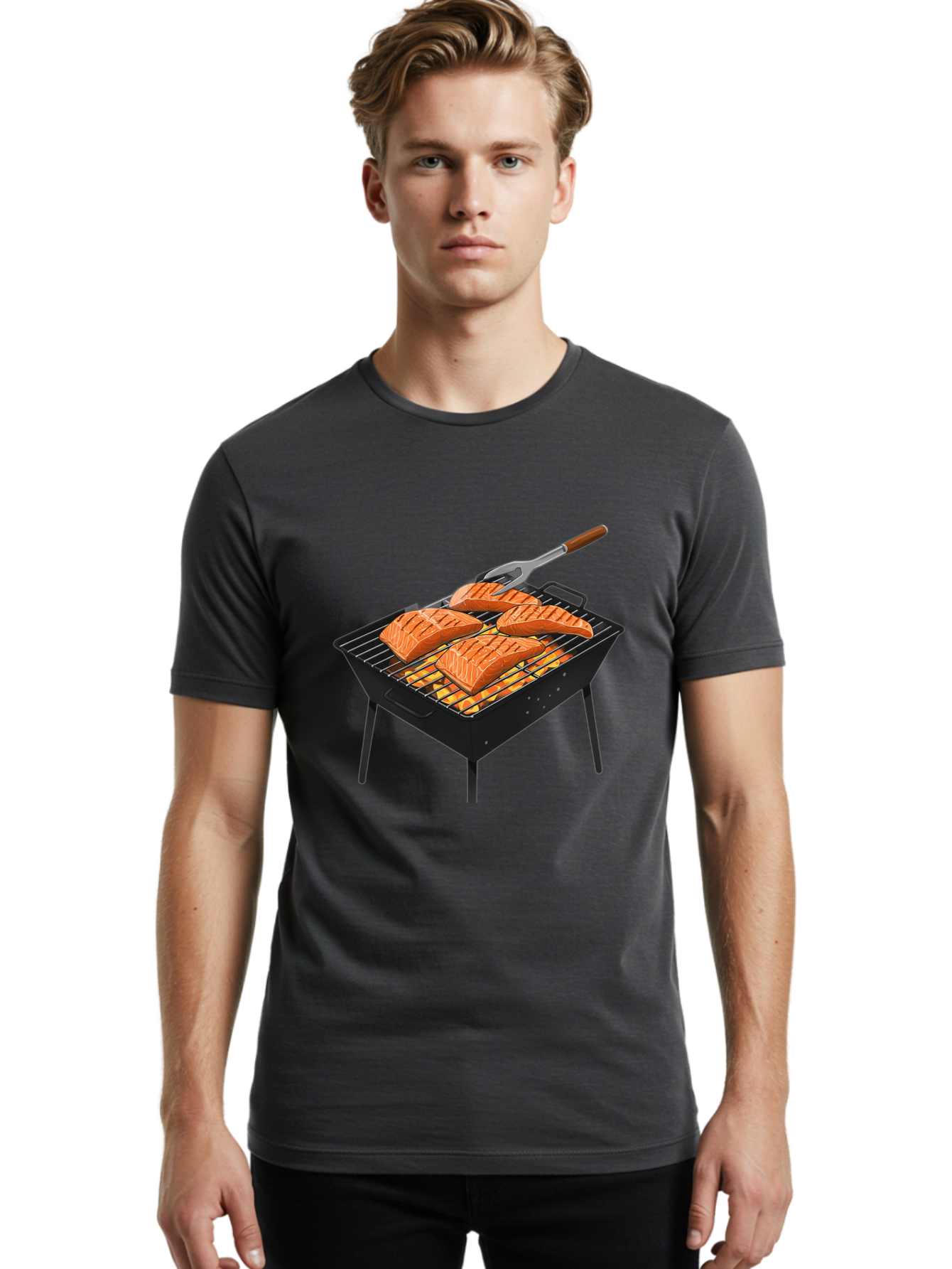 Salmon-On-Grill Men'S Graphic Tee, 100% Cotton, Comfortable Casual Summer Wear, Machine Washable, Grilled Salmon, Salmon Fillets, Barbecue Grill, Grilled Fish, Seafood, Food, Healthy Eating, Grilling Bac387 18