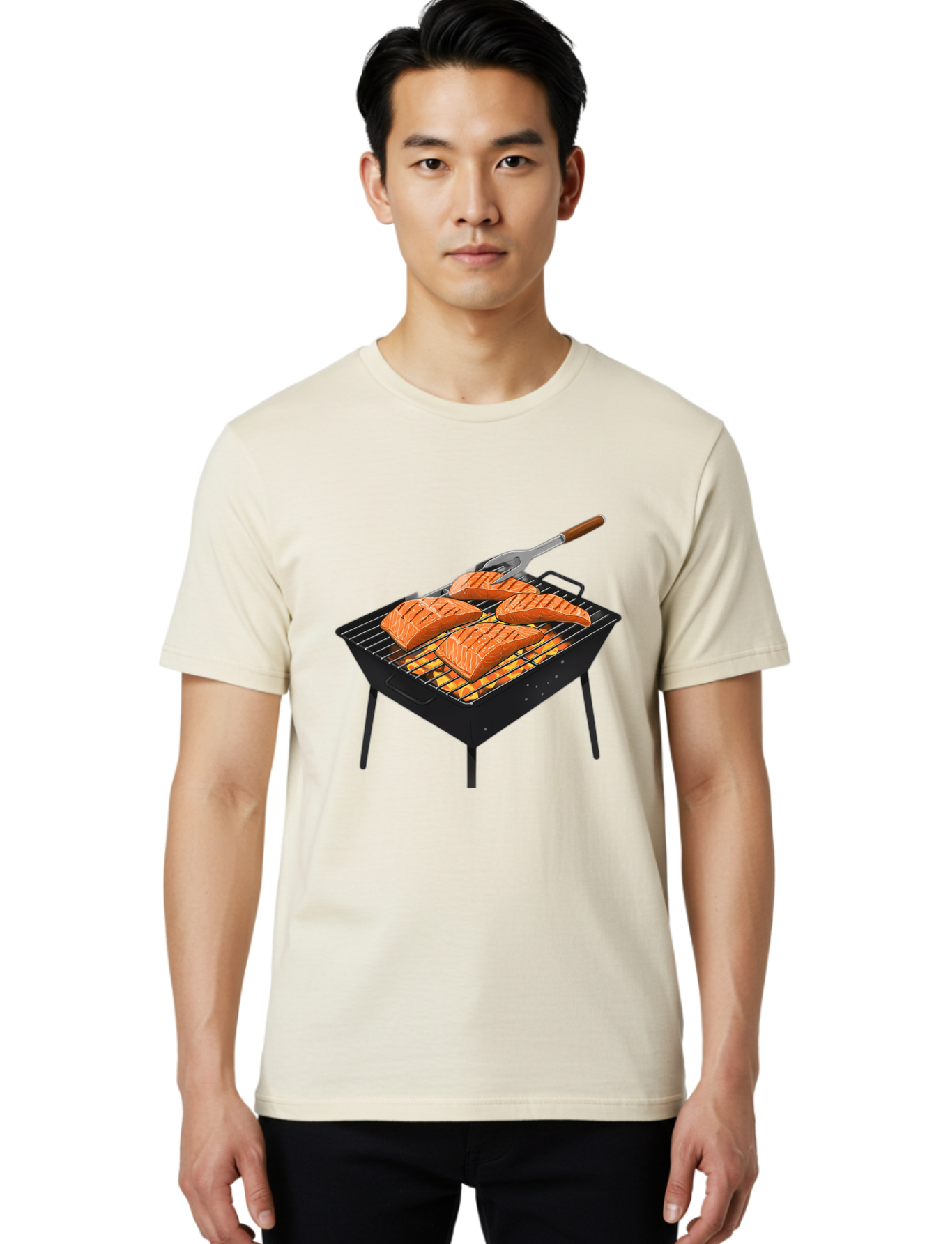 Salmon-On-Grill Men'S Graphic Tee, 100% Cotton, Comfortable Casual Summer Wear, Machine Washable, Grilled Salmon, Salmon Fillets, Barbecue Grill, Grilled Fish, Seafood, Food, Healthy Eating, Grilling Bac387 25
