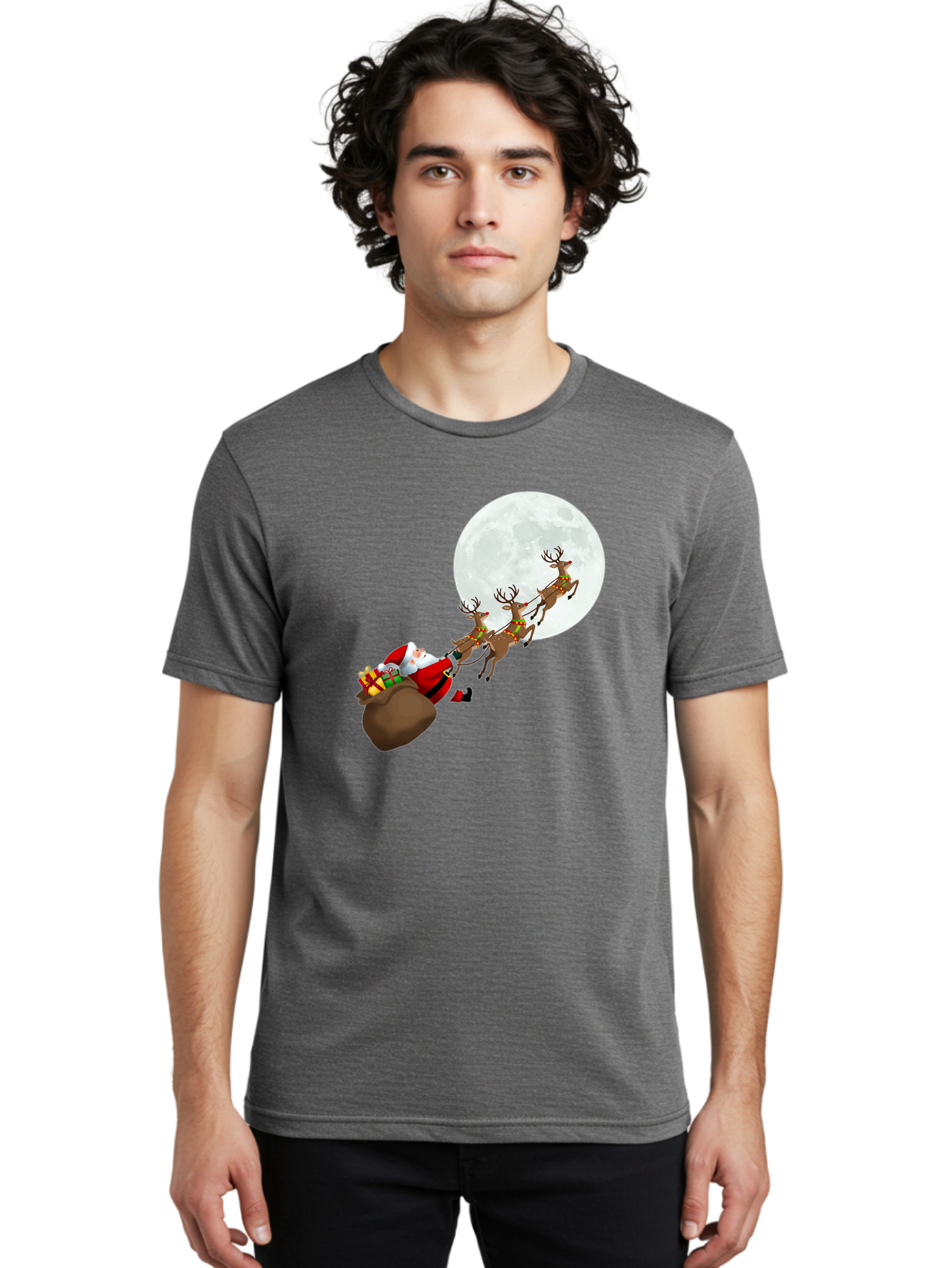 Santa-And-Reindeer Men'S Graphic Tee, 100% Cotton, Comfortable Casual Summer Wear, Machine Washable, Santa Claus, Reindeer, Sack Of Gifts, Christmas Magic, Holiday Cheer, Festive Season, Joyful Atmosphere, Christmas Presents, Sleigh Ride, Bac390 18