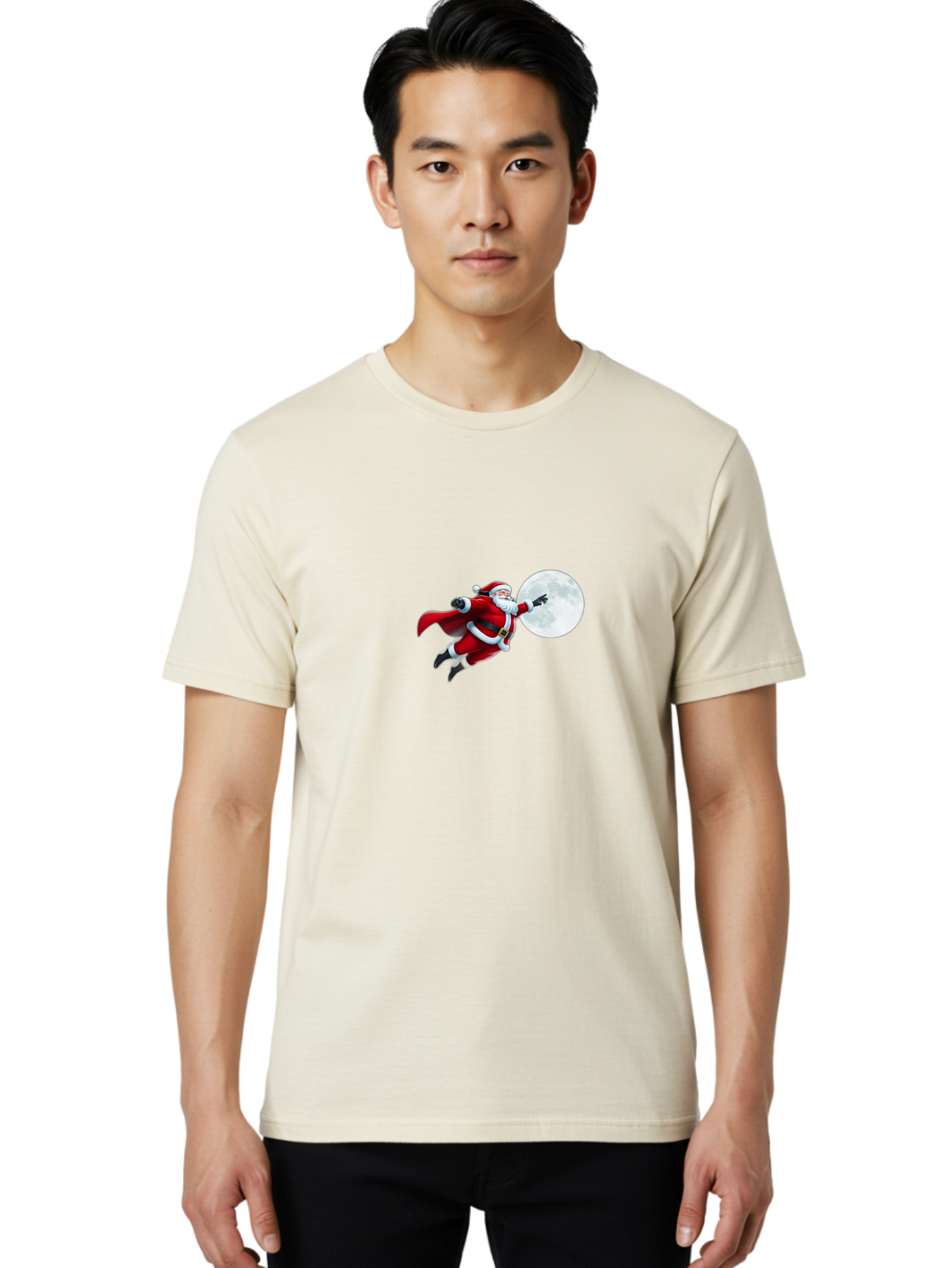 Santa-Claus-1 Men'S Graphic Tee, 100% Cotton, Comfortable Casual Summer Wear, Machine Washable, Santa Claus Flying Through Space, Holding A Gun, Full Moon, Christmas Icon, Festive Character, Holiday Cheer, Jolly Old Man, Gift Giving, Red Suit, Bac391 29