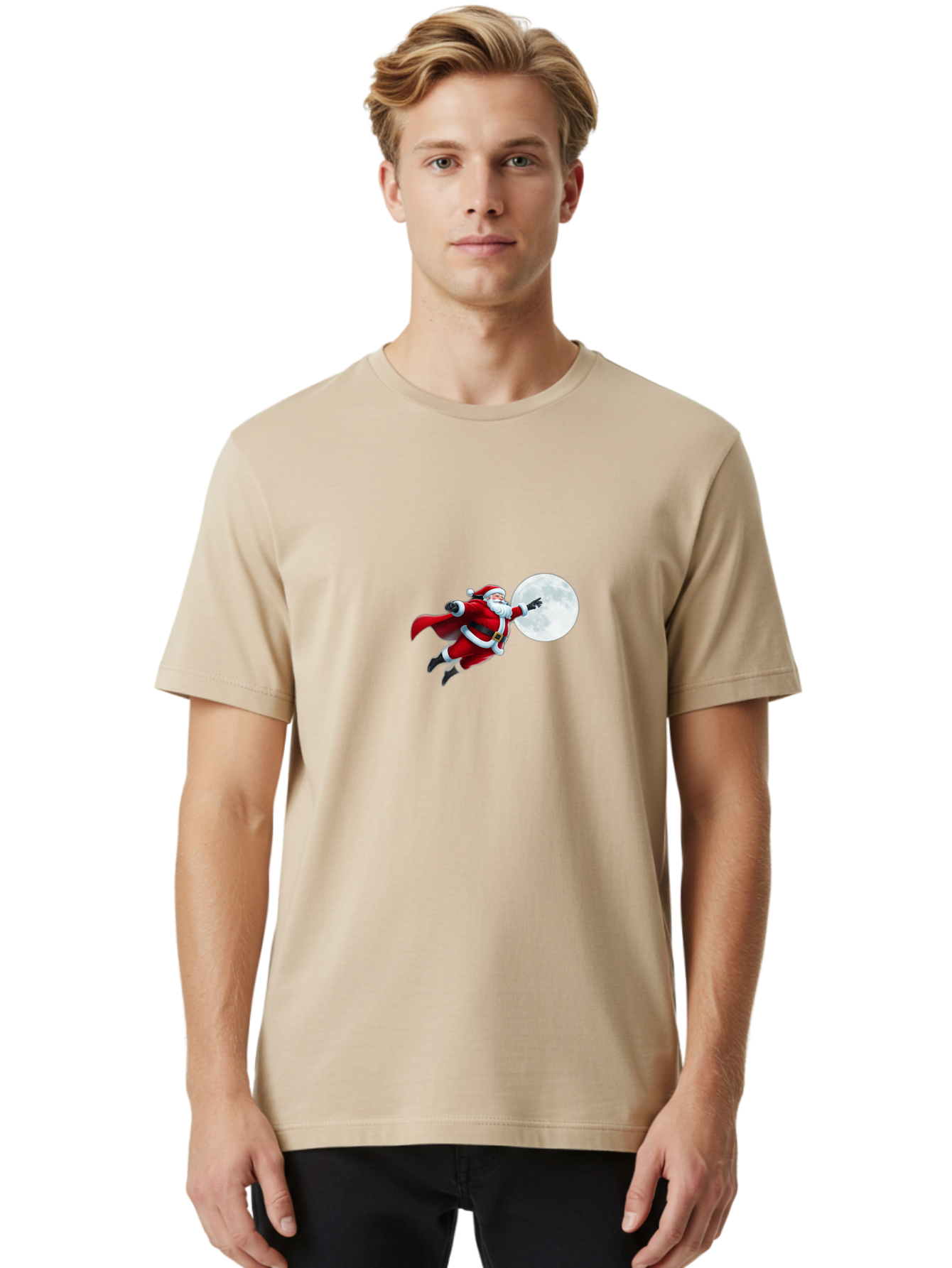 Santa-Claus-1 Men'S Graphic Tee, 100% Cotton, Comfortable Casual Summer Wear, Machine Washable, Santa Claus Flying Through Space, Holding A Gun, Full Moon, Christmas Icon, Festive Character, Holiday Cheer, Jolly Old Man, Gift Giving, Red Suit, Bac391 21
