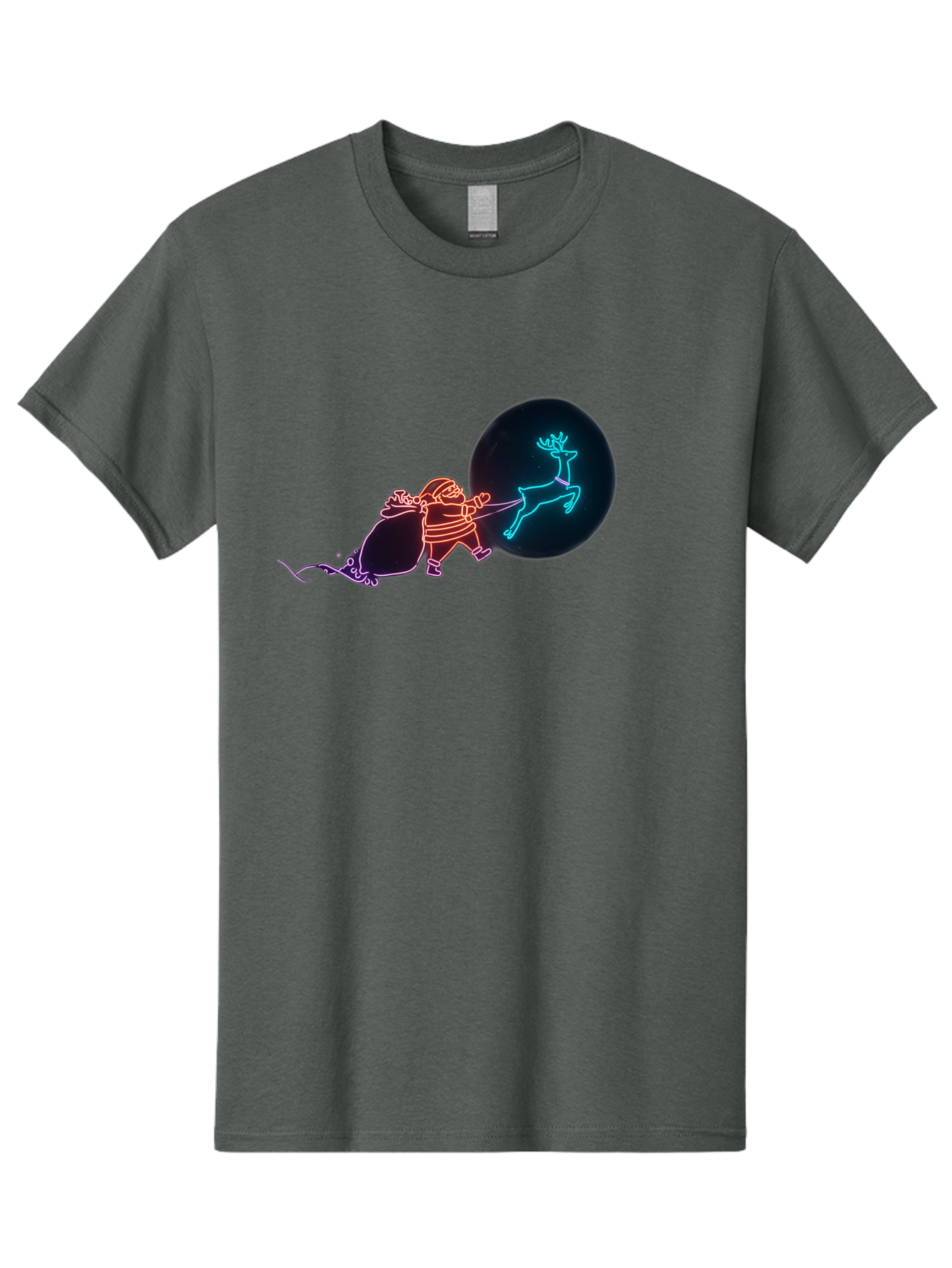 Santa-Claus-Reindeer Men'S Graphic Tee, 100% Cotton, Comfortable Casual Summer Wear, Machine Washable, Santa Claus Pulling Reindeer, Christmas Magic, Holiday Cheer, Neon Lights, Festive Scene, Jolly Old Elf, Christmas Gift, Holiday Season Bac393 3