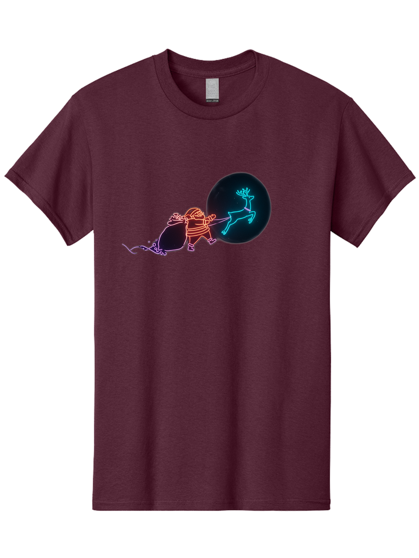 Santa-Claus-Reindeer Men'S Graphic Tee, 100% Cotton, Comfortable Casual Summer Wear, Machine Washable, Santa Claus Pulling Reindeer, Christmas Magic, Holiday Cheer, Neon Lights, Festive Scene, Jolly Old Elf, Christmas Gift, Holiday Season Bac393 14