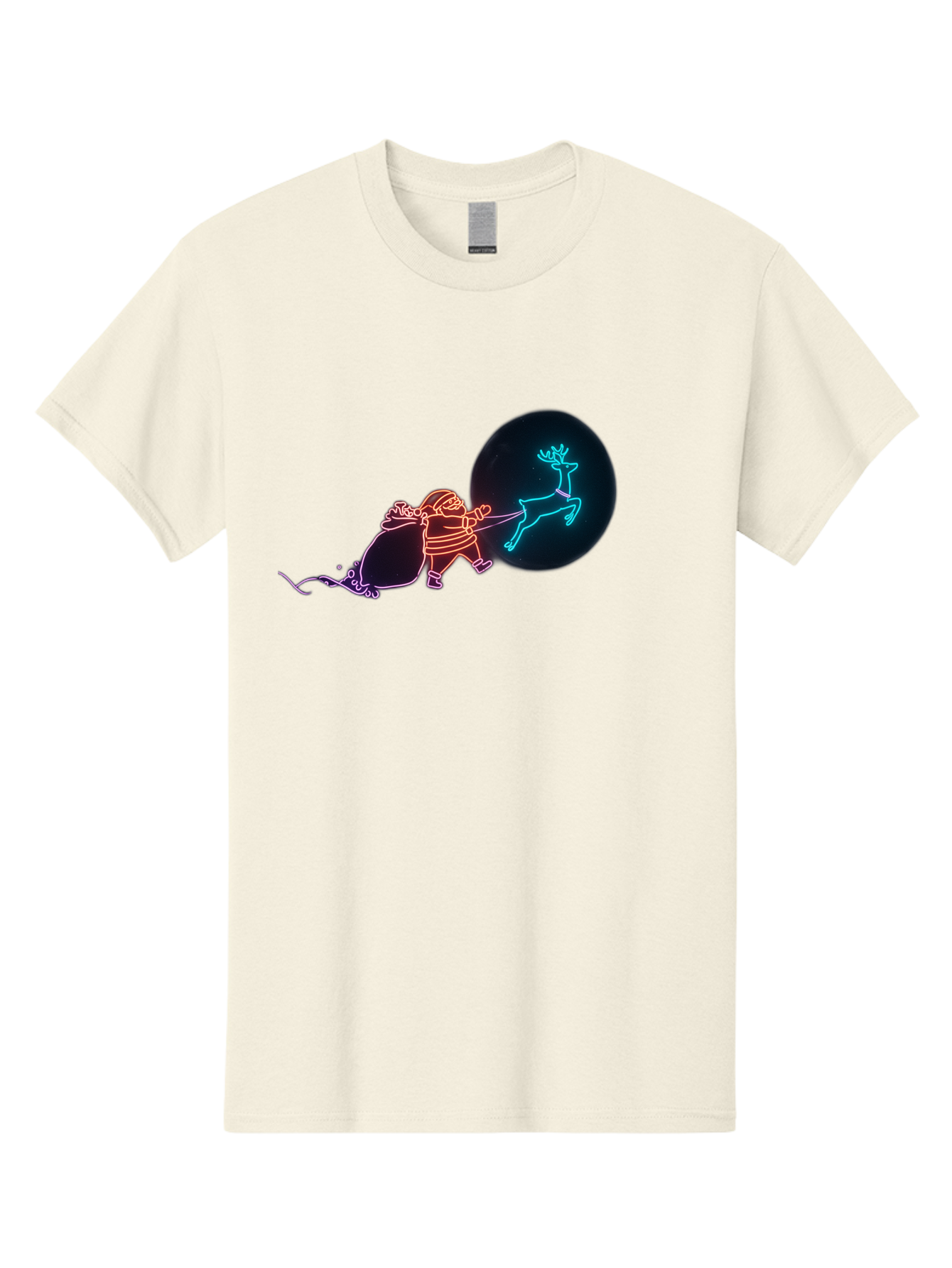 Santa-Claus-Reindeer Men'S Graphic Tee, 100% Cotton, Comfortable Casual Summer Wear, Machine Washable, Santa Claus Pulling Reindeer, Christmas Magic, Holiday Cheer, Neon Lights, Festive Scene, Jolly Old Elf, Christmas Gift, Holiday Season Bac393 1