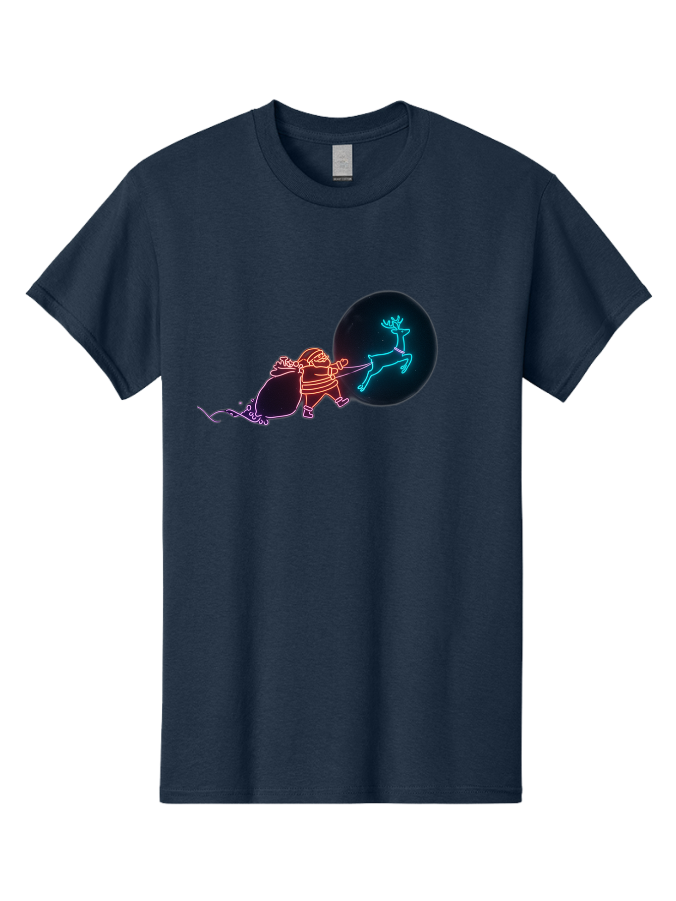 Santa-Claus-Reindeer Men'S Graphic Tee, 100% Cotton, Comfortable Casual Summer Wear, Machine Washable, Santa Claus Pulling Reindeer, Christmas Magic, Holiday Cheer, Neon Lights, Festive Scene, Jolly Old Elf, Christmas Gift, Holiday Season Bac393 13