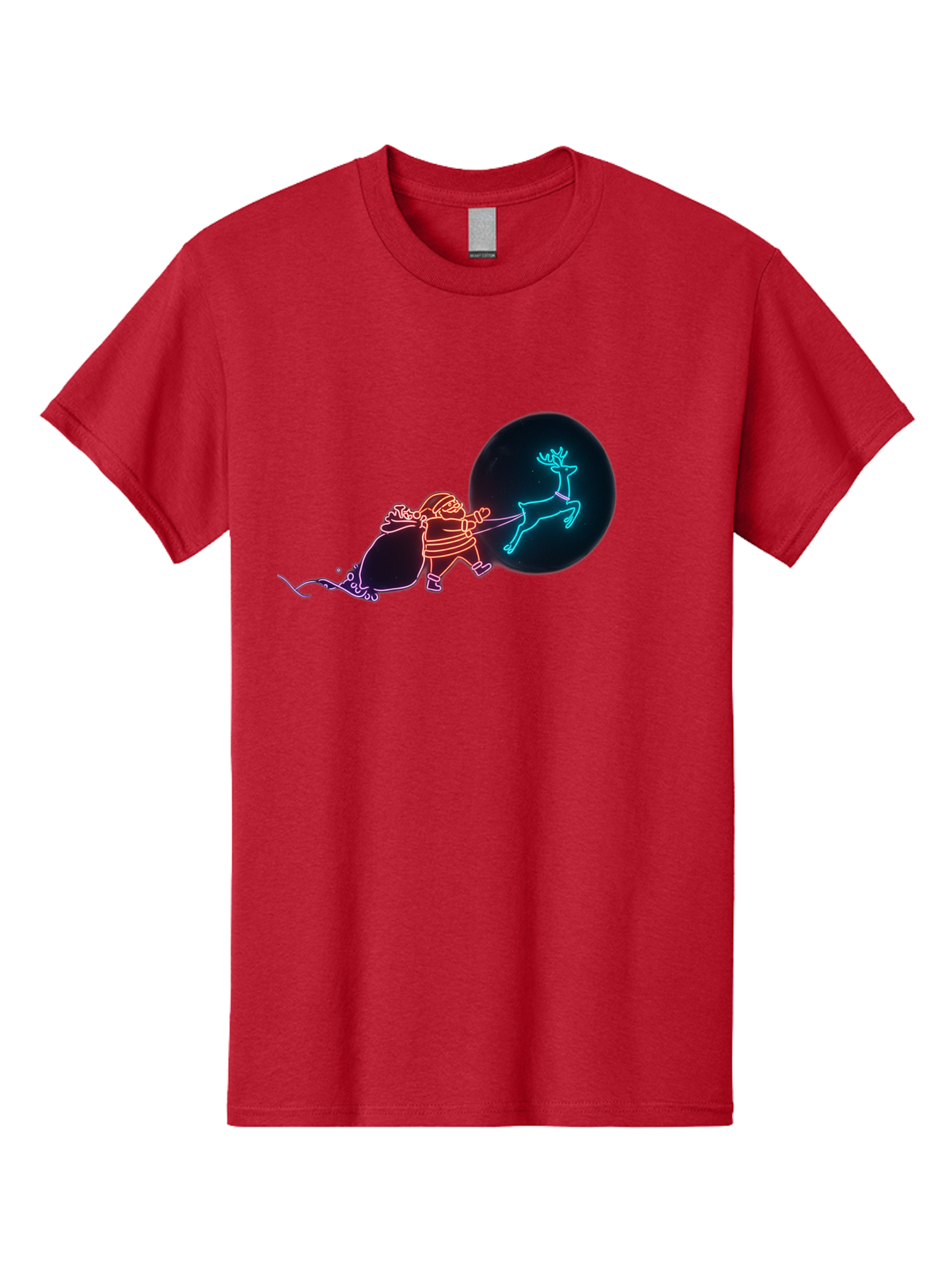 Santa-Claus-Reindeer Men'S Graphic Tee, 100% Cotton, Comfortable Casual Summer Wear, Machine Washable, Santa Claus Pulling Reindeer, Christmas Magic, Holiday Cheer, Neon Lights, Festive Scene, Jolly Old Elf, Christmas Gift, Holiday Season Bac393 11
