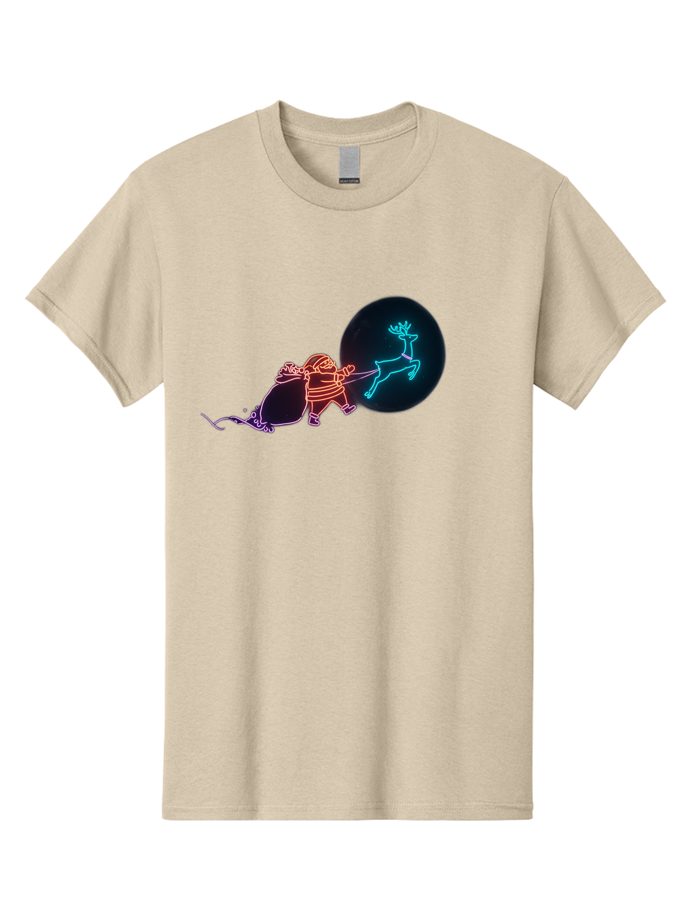 Santa-Claus-Reindeer Men'S Graphic Tee, 100% Cotton, Comfortable Casual Summer Wear, Machine Washable, Santa Claus Pulling Reindeer, Christmas Magic, Holiday Cheer, Neon Lights, Festive Scene, Jolly Old Elf, Christmas Gift, Holiday Season Bac393 4