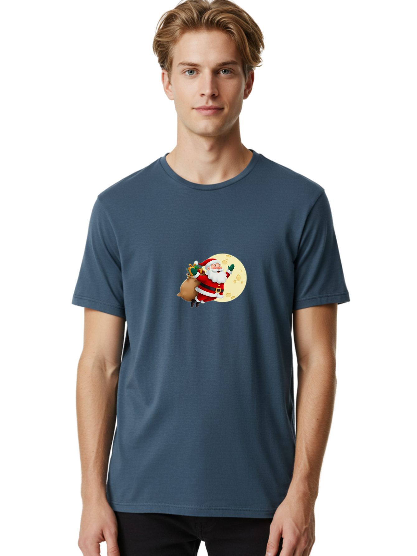 Santa-Claus Men'S Graphic Tee, 100% Cotton, Comfortable Casual Summer Wear, Machine Washable, Santa Claus Flying, Full Moon, Christmas Gifts, Festive Season, Holiday Cheer, Jolly Old Man, Sack Of Toys, Waving Hand, Joyful Atmosphere, Bac394 23