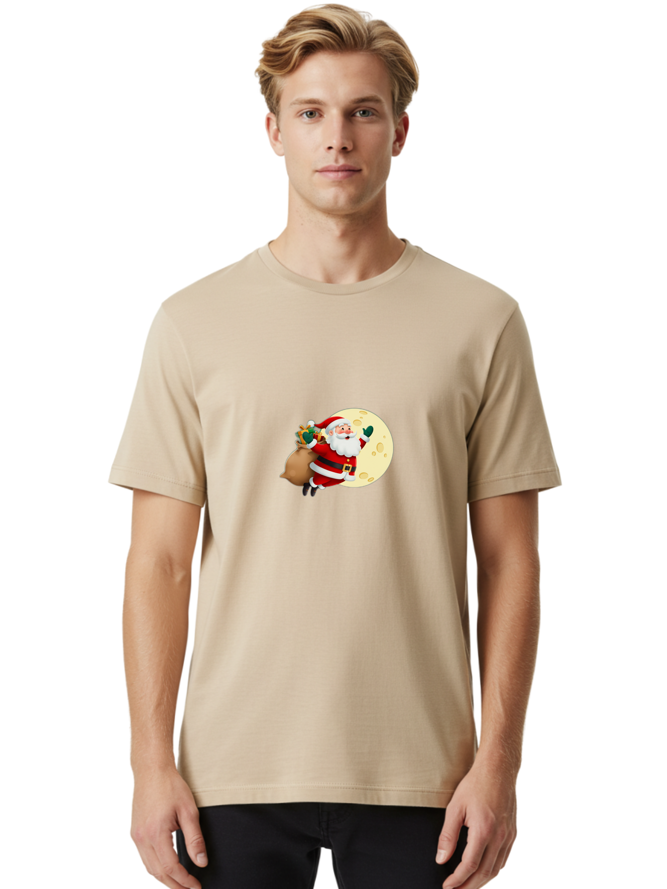 Santa-Claus Men'S Graphic Tee, 100% Cotton, Comfortable Casual Summer Wear, Machine Washable, Santa Claus Flying, Full Moon, Christmas Gifts, Festive Season, Holiday Cheer, Jolly Old Man, Sack Of Toys, Waving Hand, Joyful Atmosphere, Bac394 24
