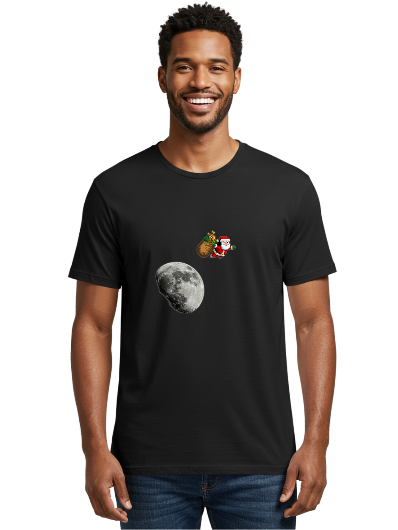 Santa-Moon Men'S Graphic Tee, 100% Cotton, Comfortable Casual Summer Wear, Machine Washable, Santa Claus Flying With Sack, Christmas Gifts, Holiday Season, Festive Atmosphere, Moonlit Night, Jolly Old Saint Nick Bac395 21