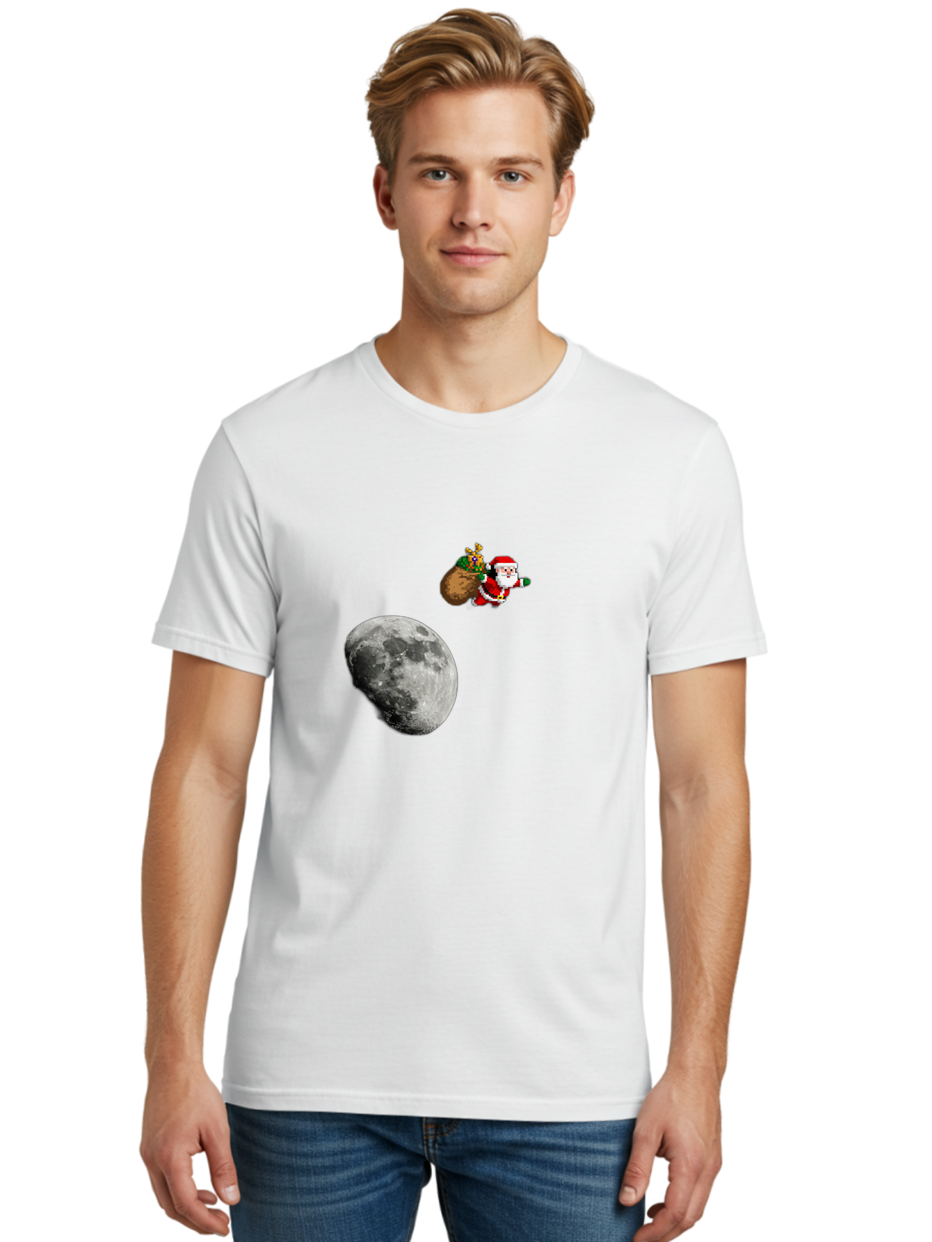 Santa-Moon Men'S Graphic Tee, 100% Cotton, Comfortable Casual Summer Wear, Machine Washable, Santa Claus Flying With Sack, Christmas Gifts, Holiday Season, Festive Atmosphere, Moonlit Night, Jolly Old Saint Nick Bac395 27